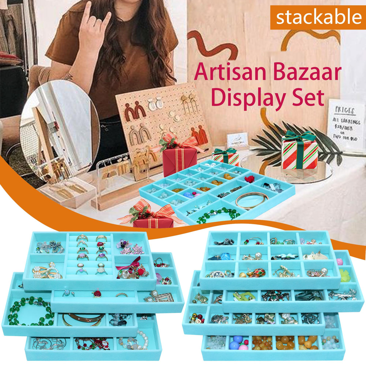 8 Pcs Velvet Jewelry Tray Stackable Jewelry Drawers Organizer Trays Rings Earrings Bracelet Organizer (8 Count)
