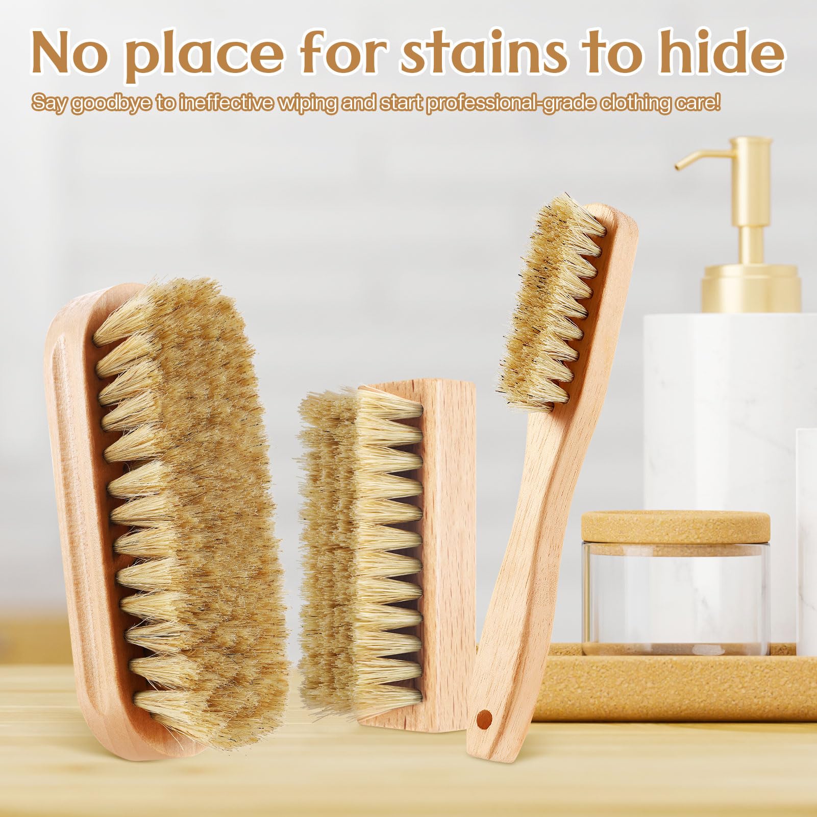 3 Pcs Wood Laundry Stain Brush Stain Remover Brushes with Boar Bristle Small Stain Brush for Clothes for Scrubbing Stains from Furniture Fabric Leather (3 Count)