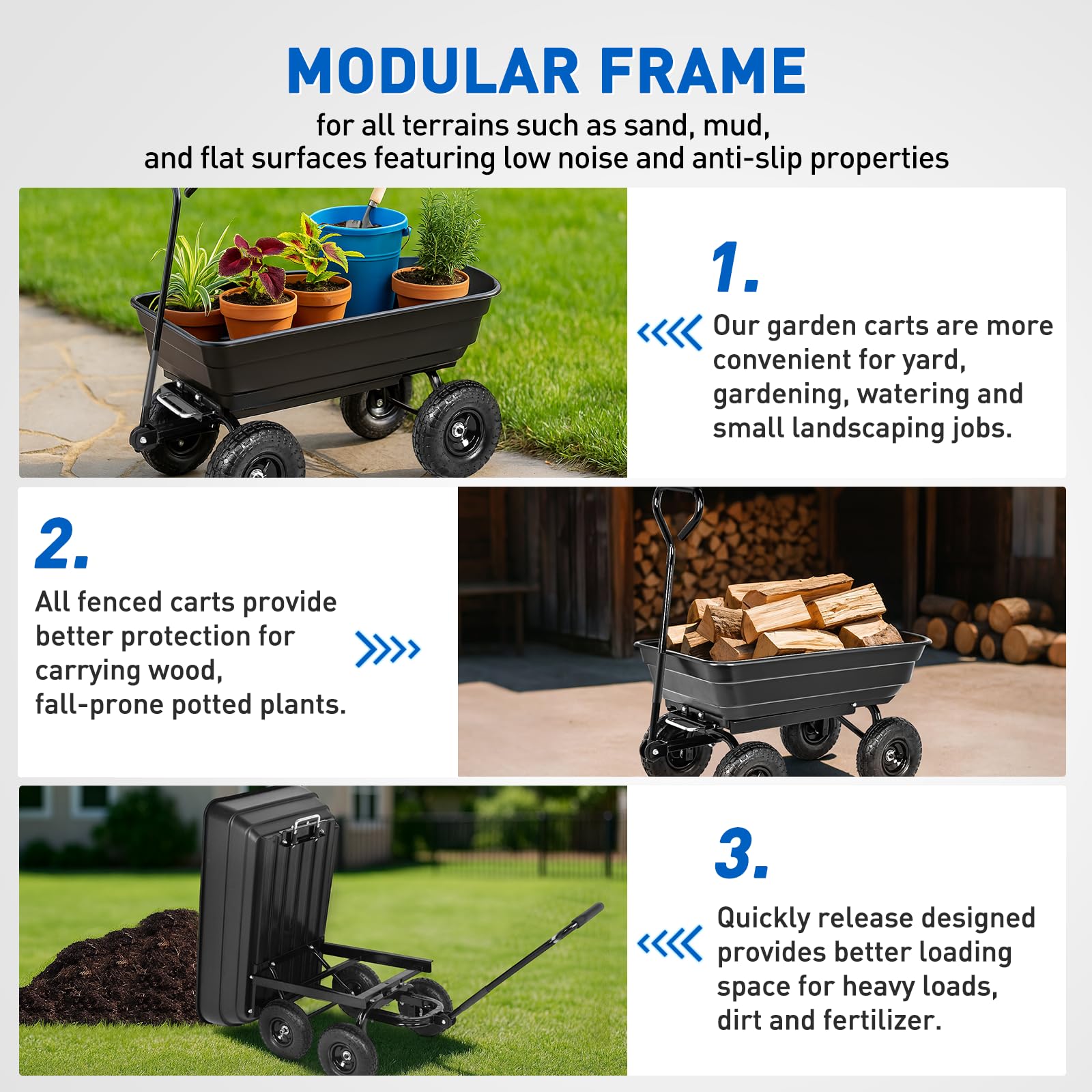 Garden Carts 600lbs Dump Wagon with All Terrain Inflatable Wheels for Yard Lawn Farms Gardening