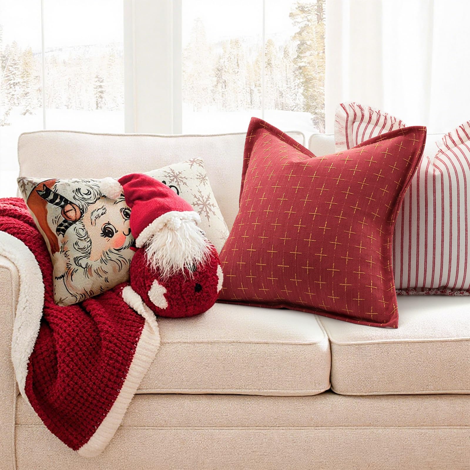 Christmas Pillow Covers 24x24 Set of 2 Soft Polyester Textured Red Pillows with Stylish Flange Edge Cozy Farmhouse Christmas Decor for Couch Bed Sofa Living Room (2 Count)