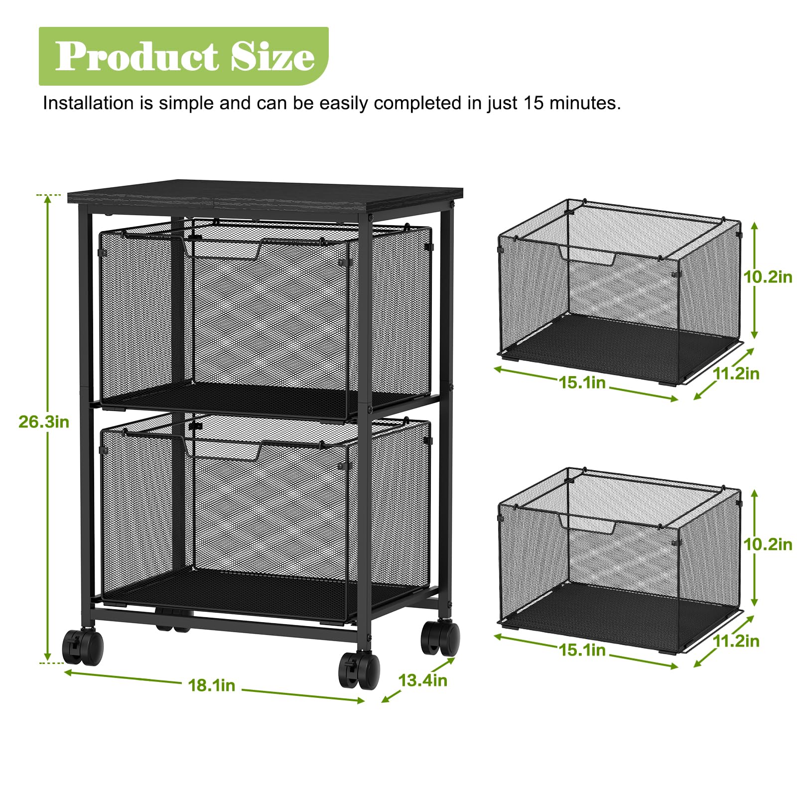 Letter Legal Rolling File Cart with 2 Storage Drawers