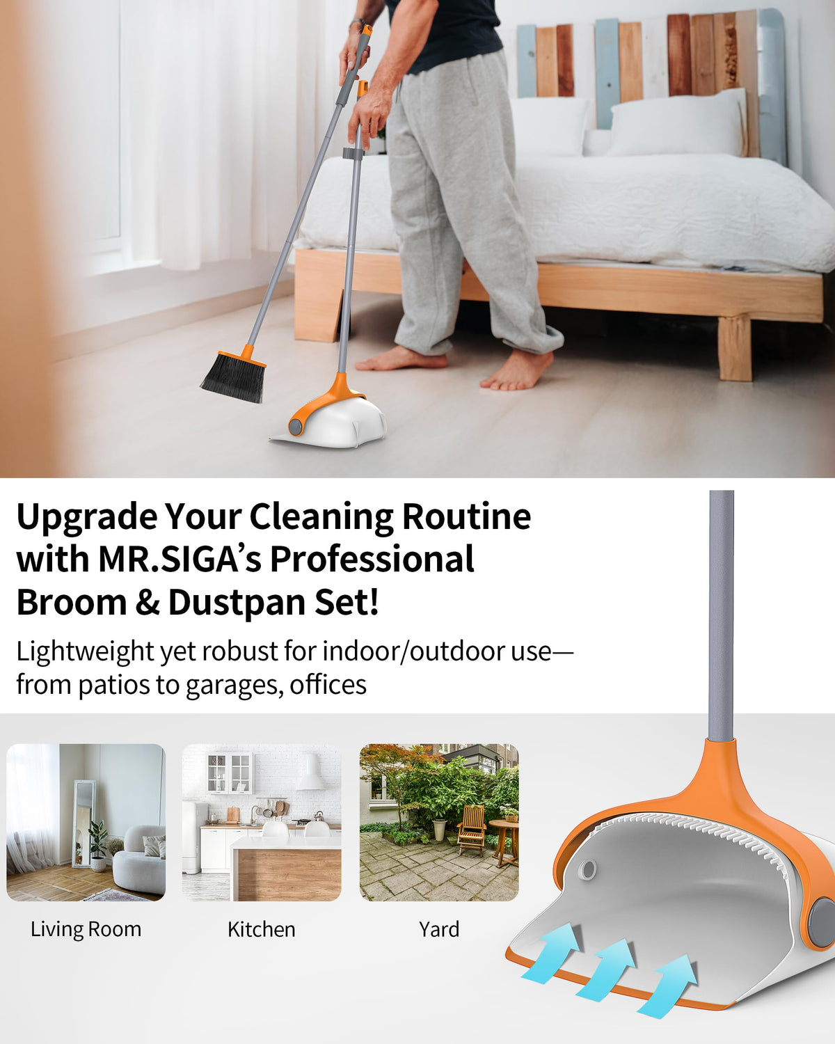 Broom and Dustpan Set with Adjustable Long Handle