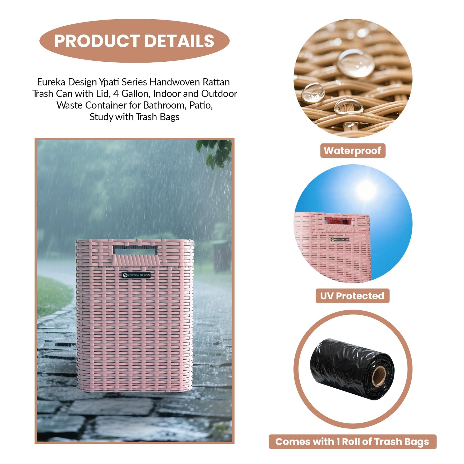 Ypati Handwoven 4 Gallon Rattan Trash Can with Lid