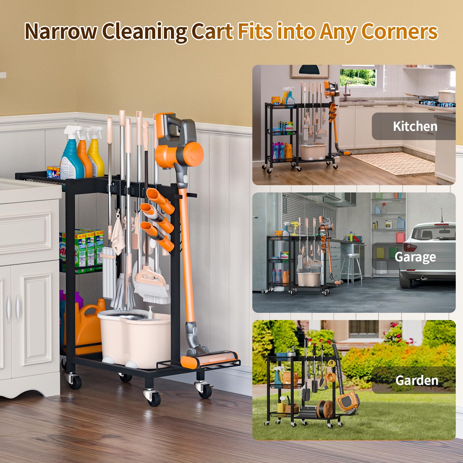 Broom Holder with Cleaning Supplies Organizer