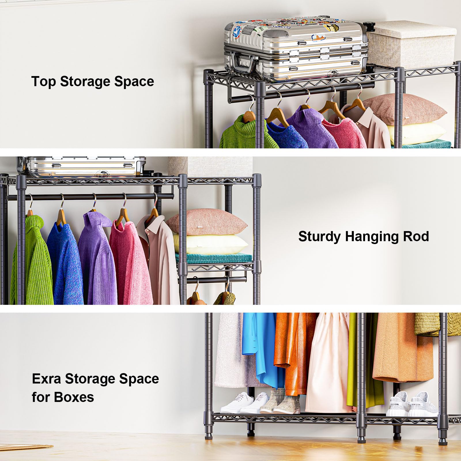 Heavy Duty Rolling Garment Rack 3 Tiers Adjustable Wire Shelving Clothes Rack with 3 Rods and Side Hooks