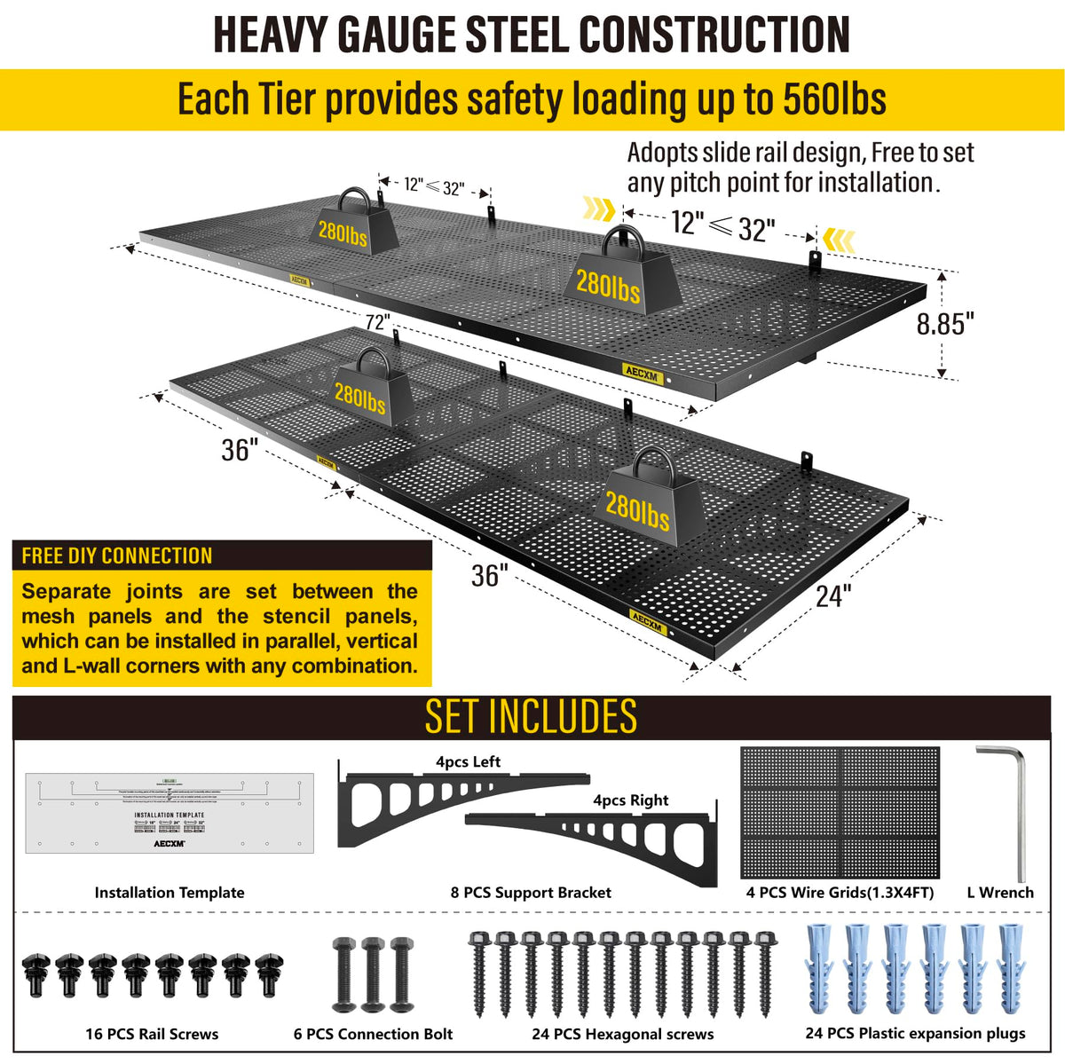 4 Pack 2x3ft Adjustable Garage Wall Shelving 1120lbs Load Capacity Heavy Duty Wall Mounted Storage Shelf Metal Floating Shelves for Garage (2 Count)