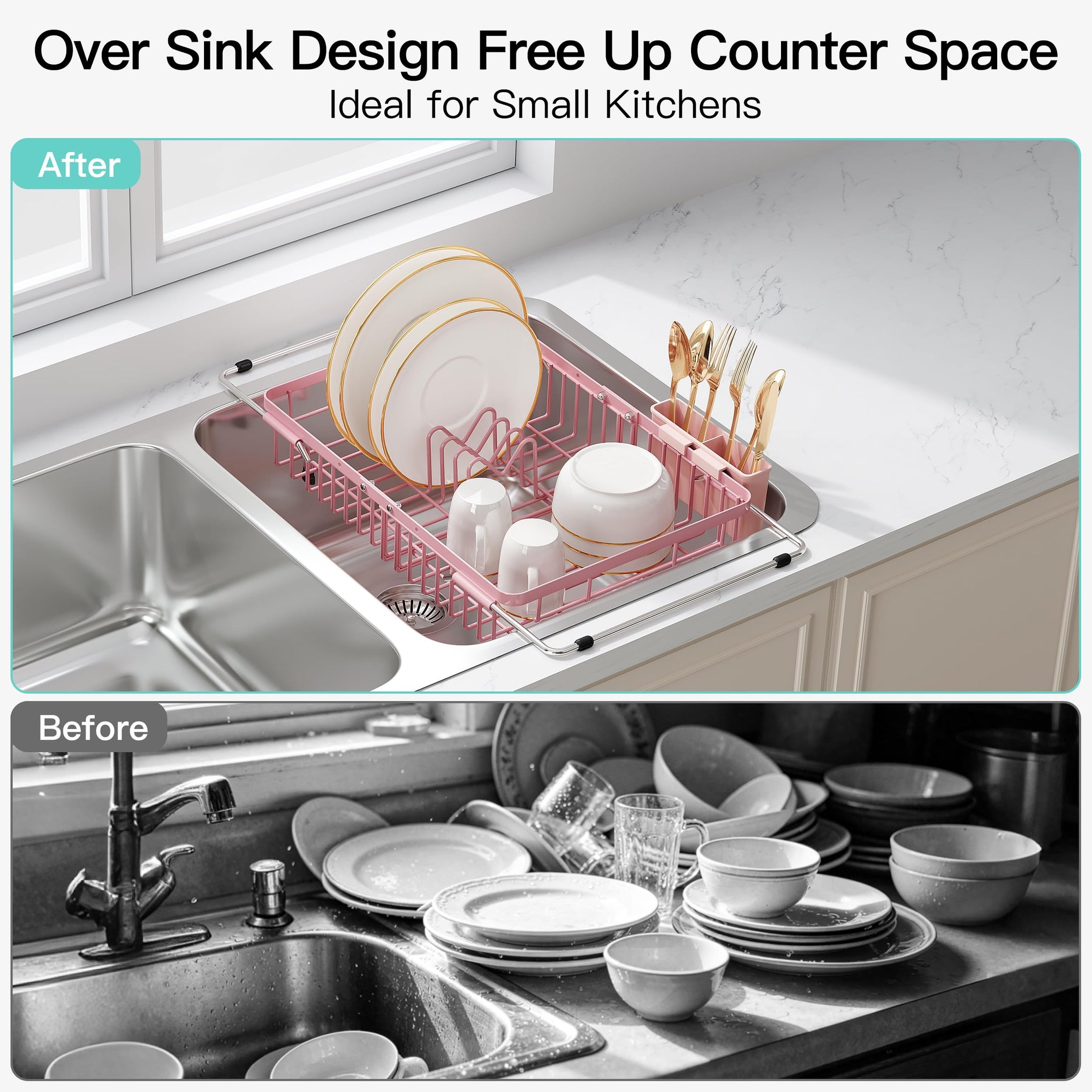 Pink Dish Drying Rack Over the Sink with Utensil Holder