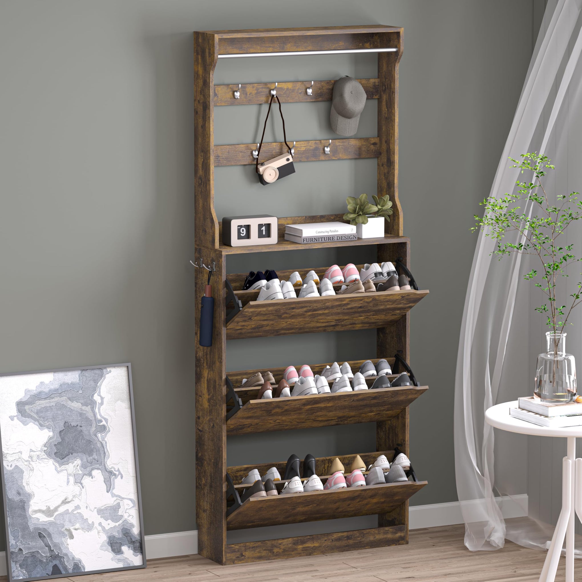 Shoe Cabinet with 3 Flip Drawers & Coat Rack