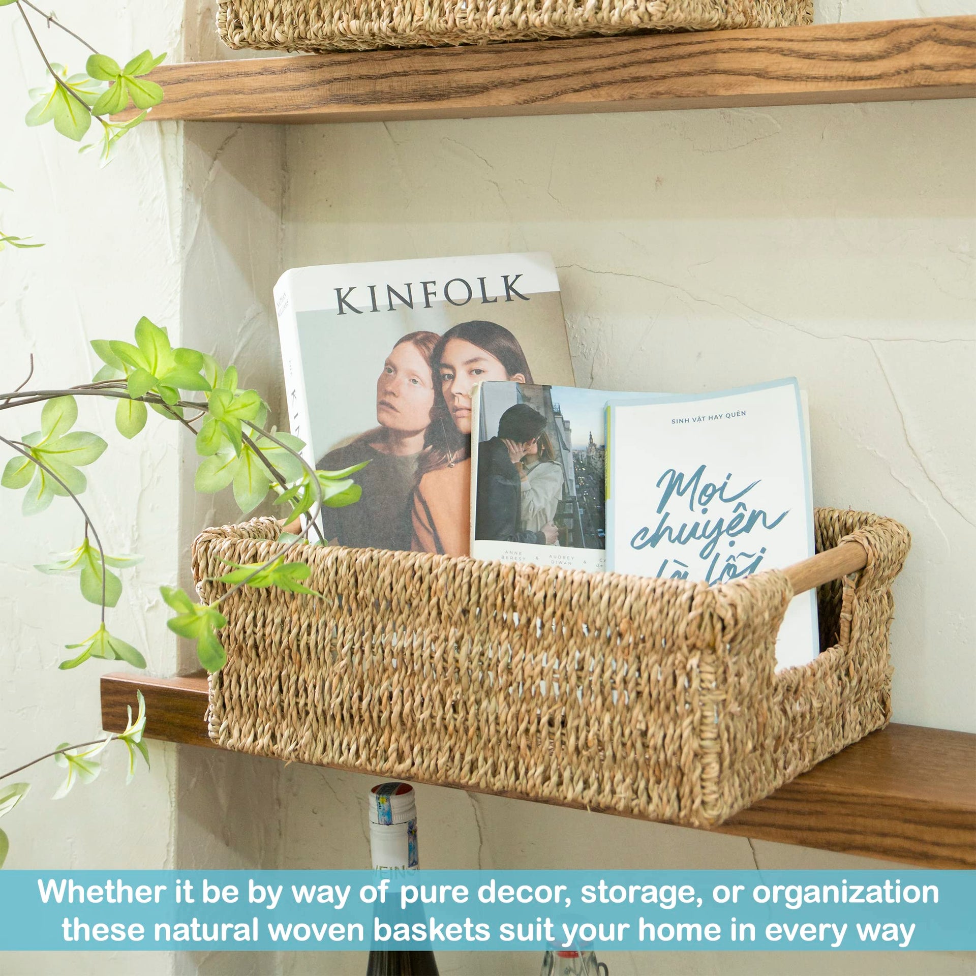 Large Natural Wicker Basket Rectangular with Wooden Handles