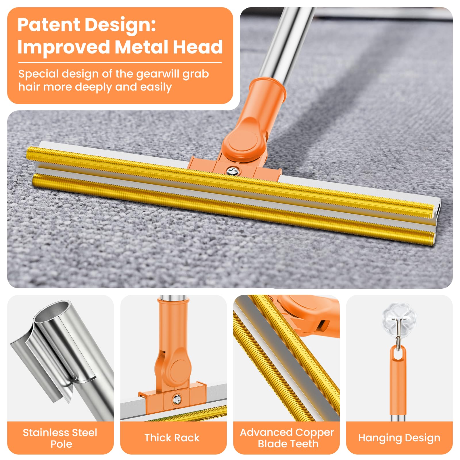 3 in 1 Carpet Rake for Pet Hair Removal
