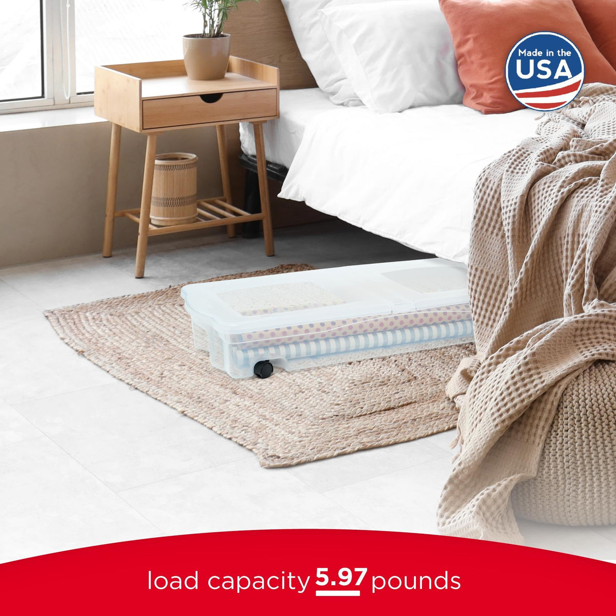 68 Quart Under the Bed Low Profile Storage Boxes with Dual Hinged Lids and Easy Rolling Caster Wheels (2 Count)