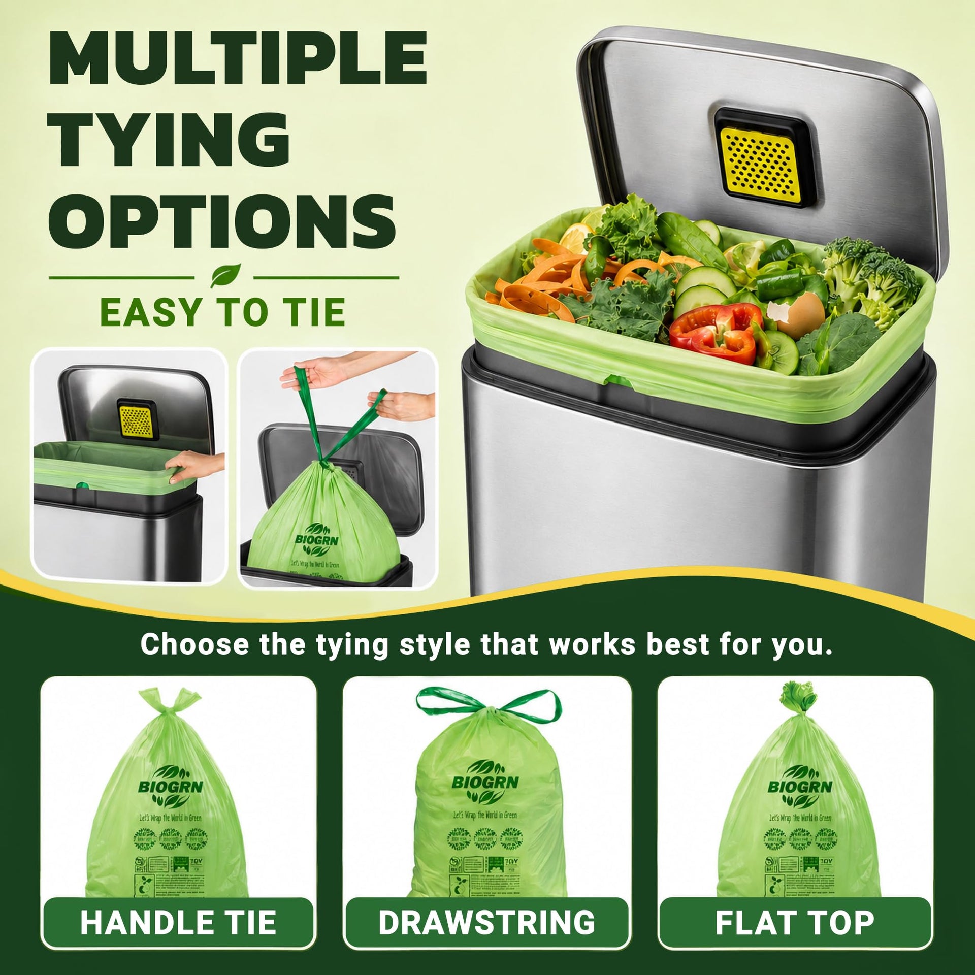 10 13 Gallon Compostable Trash Bags Drawstring 30 Bags Heavy Duty Extra Thick 1 Mil 49.21 Liter Biodegradable Trash Bags Compost Bags Green for Kitchen ASTM D6400 US BPI and OK Compost Home Certified (30 Count)