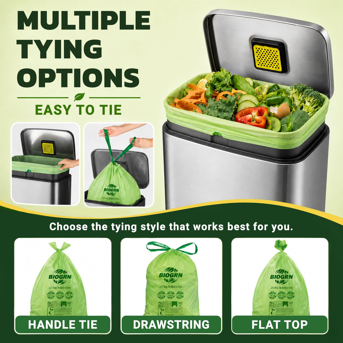 10 13 Gallon Compostable Trash Bags Drawstring 30 Bags Heavy Duty Extra Thick 1 Mil 49.21 Liter Biodegradable Trash Bags Compost Bags Green for Kitchen ASTM D6400 US BPI and OK Compost Home Certified (30 Count)