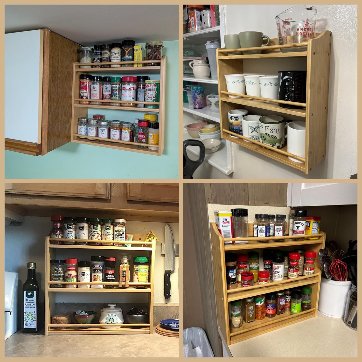 3 Tier Bamboo Spice Rack Wall Mount or Countertop