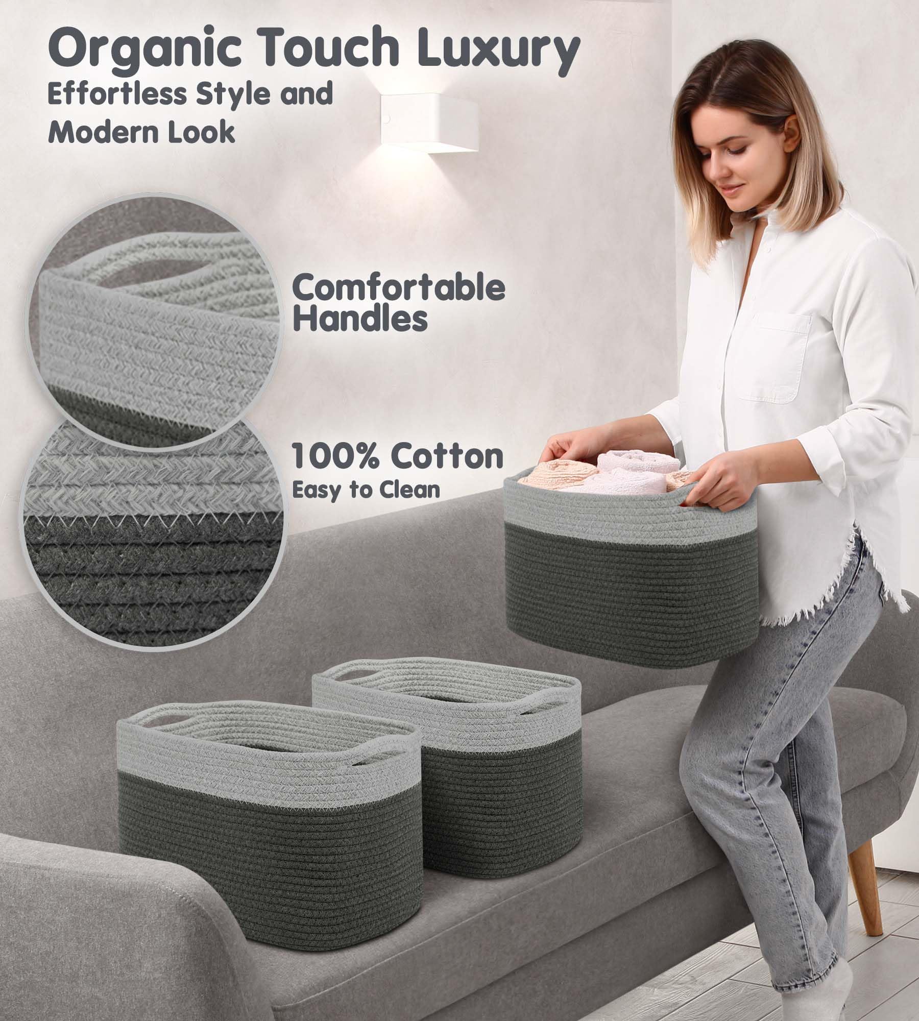Cotton Rope Baskets for Organizing I Storage Baskets for Shelves (3 Count)