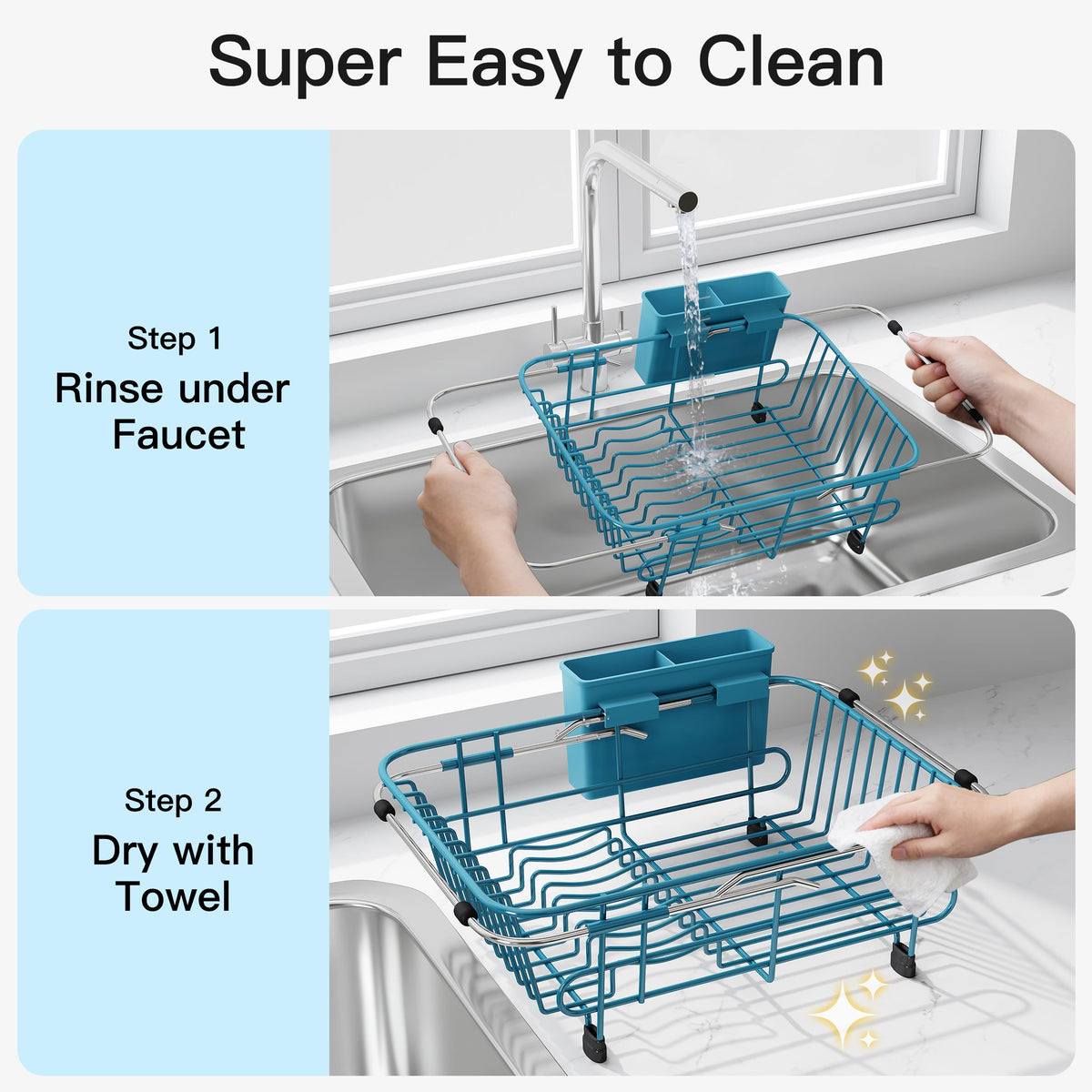 Blue Dish Drying Rack in Sink with Utensil Holder