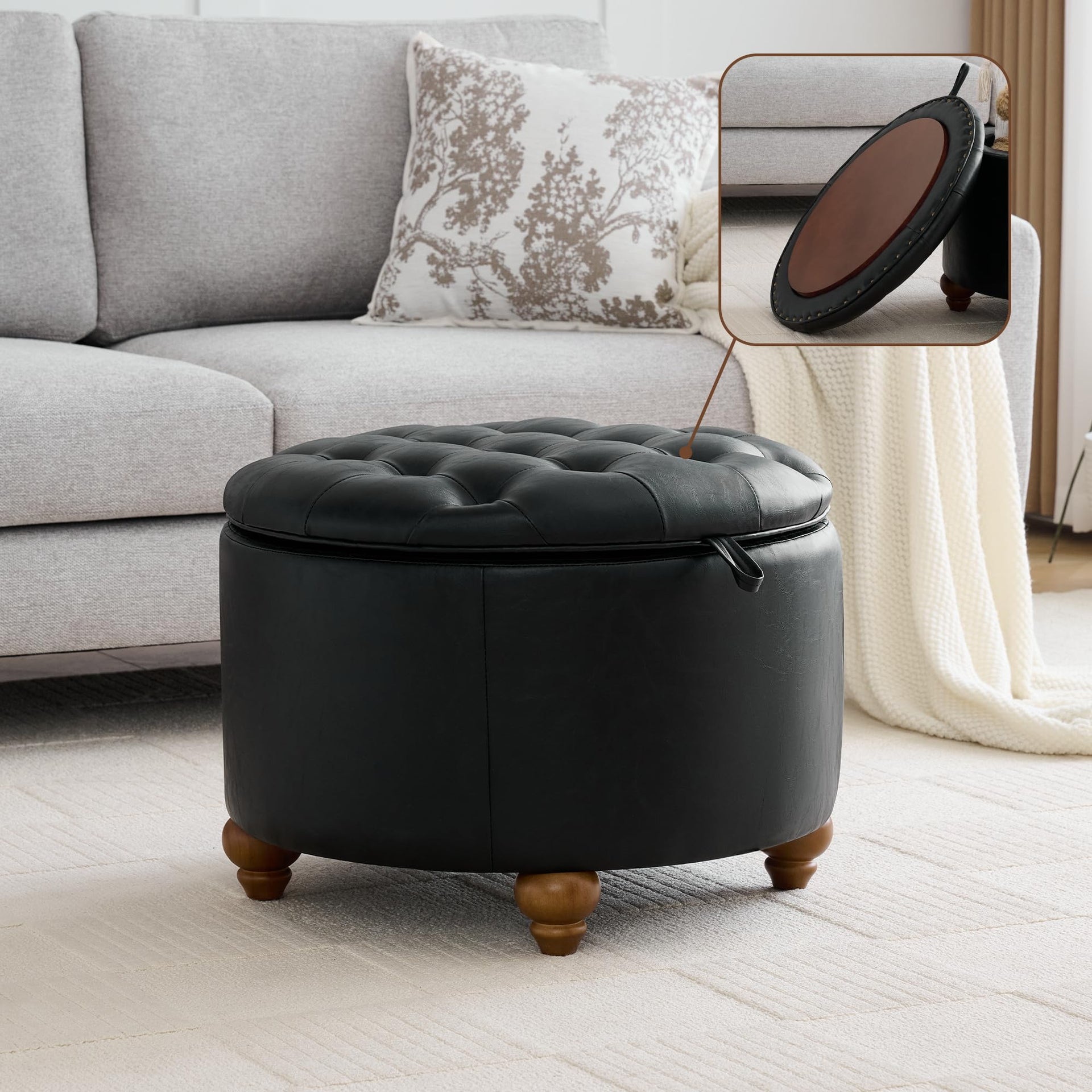 24Inch Round Storage Ottoman with Tray