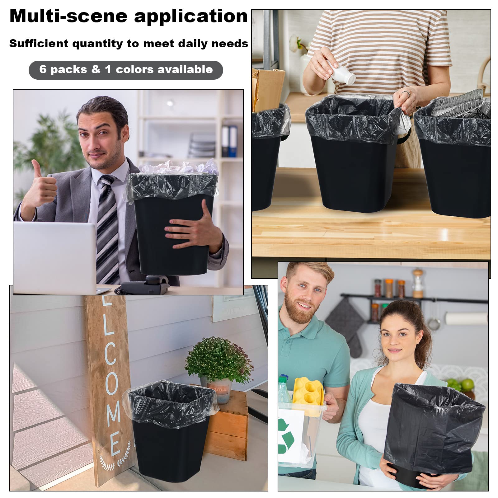 6 Pack Plastic Trash Can with 3 Rolls of Trash Bags Small Wastebasket Can Garbage Container Bin (6 Count)