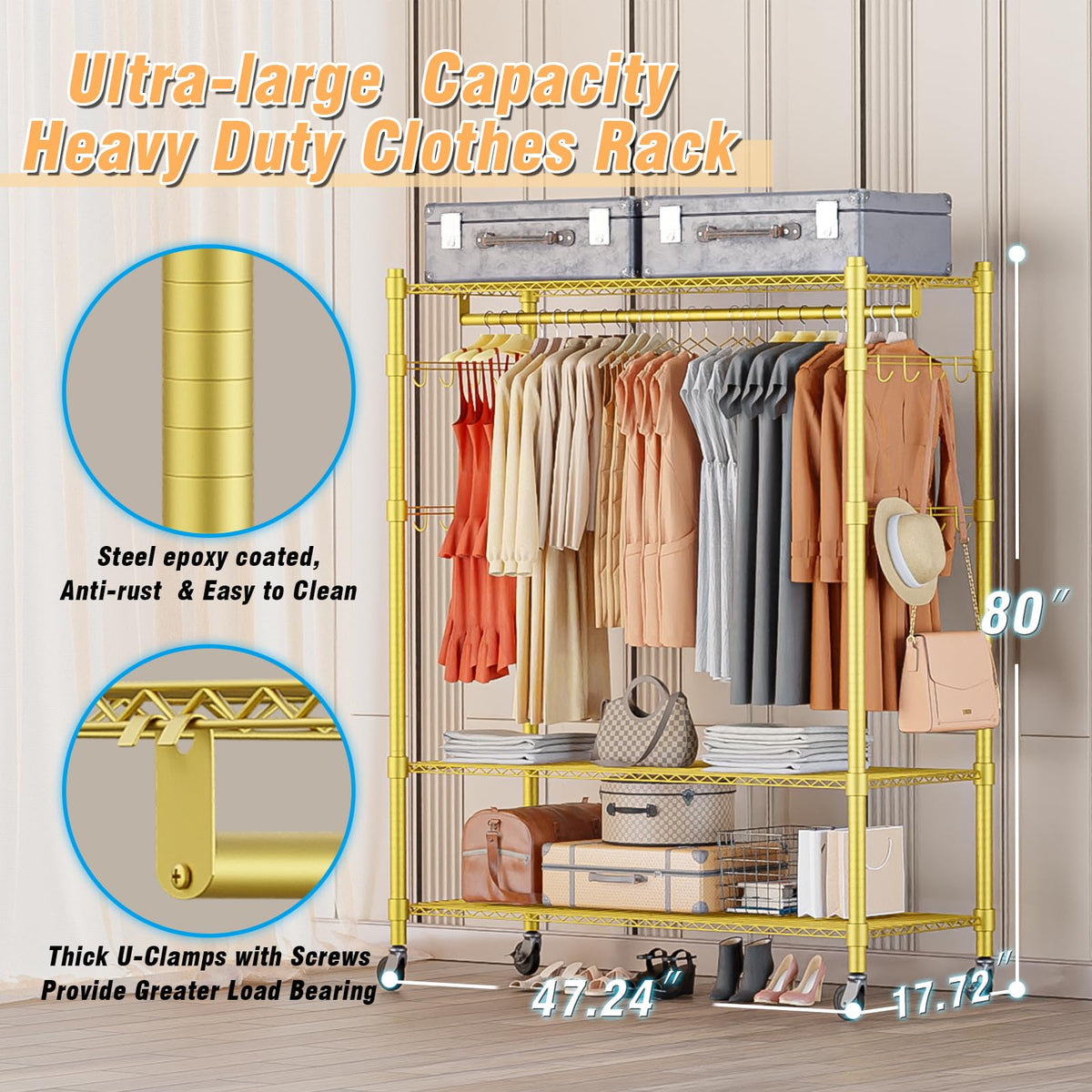 Gold Heavy Duty Clothes Rack with Wheels
