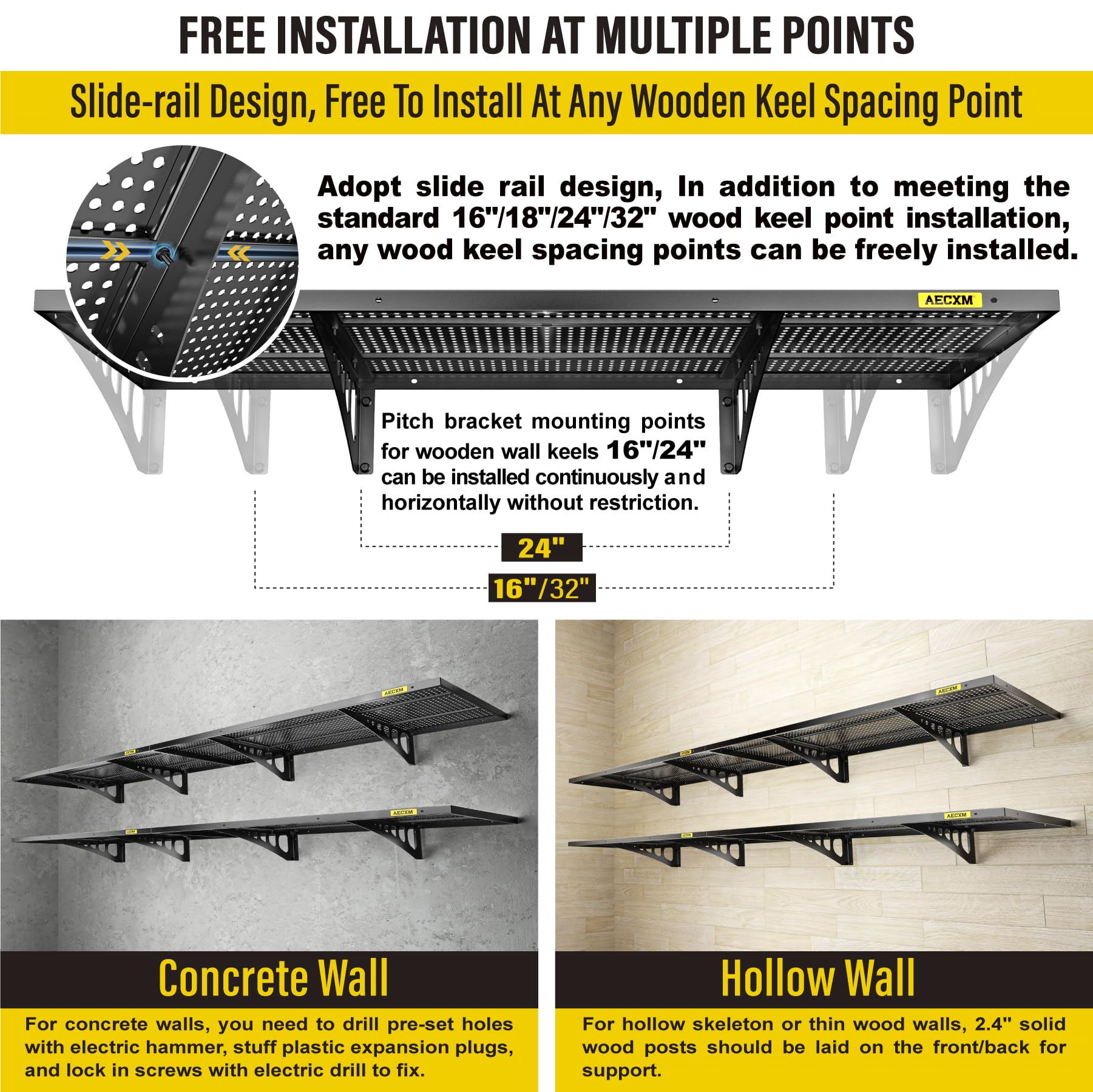 4 Pack 1.64x4ft Adjustable Garage Wall Shelving 1120lbs Load Capacity Heavy Duty Wall Mounted Storage Shelf Metal Floating Shelves for Garage (4 Count)