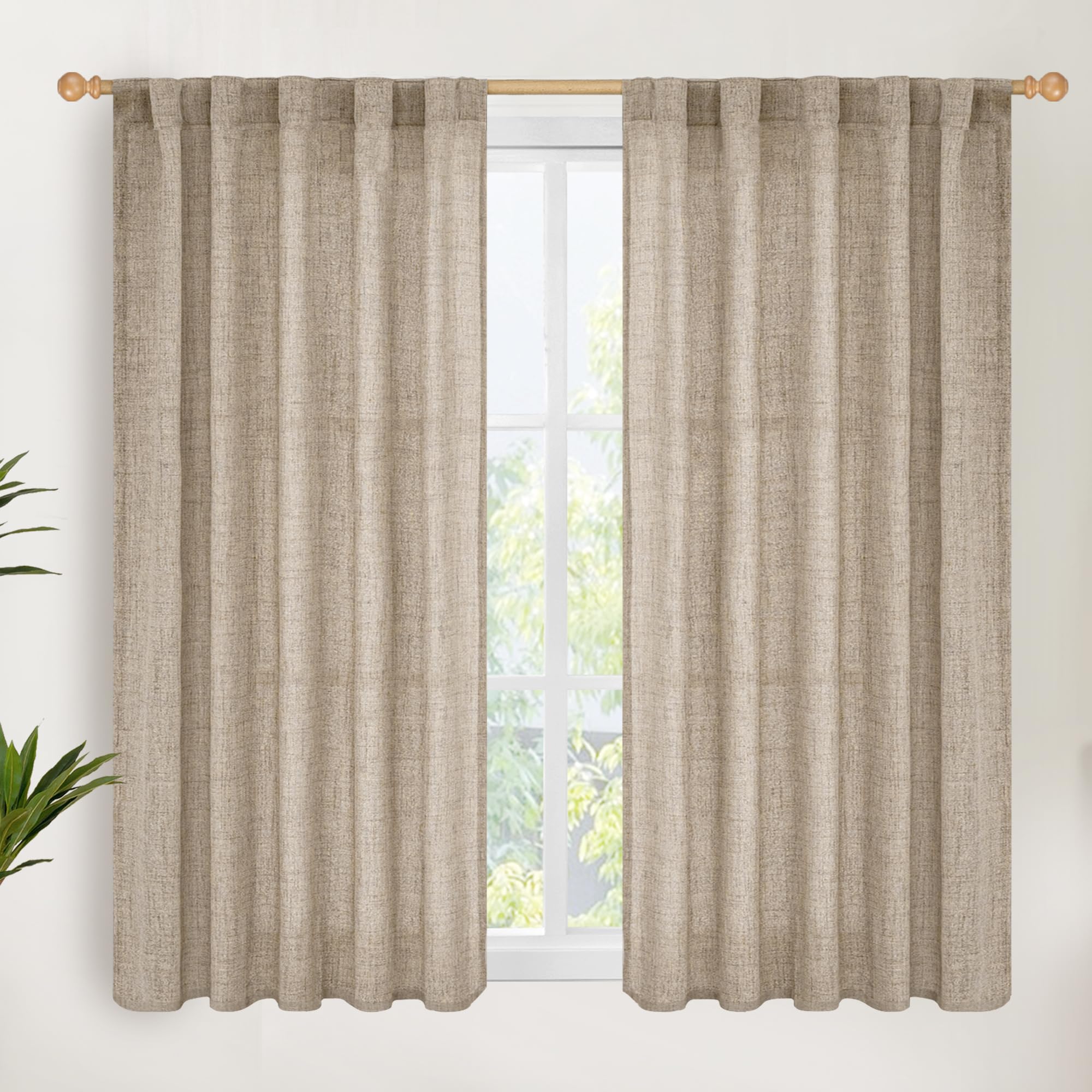 Dark Oatmeal Linen Curtains 45 Inch Length for Short Window (2 Count)