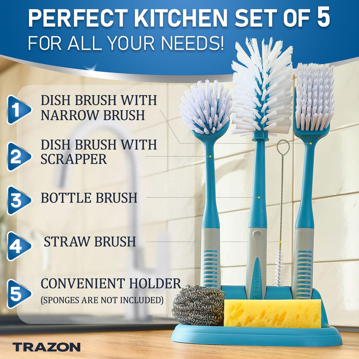 Dish Brush Set of 5 with Convenient Holder (3 Count)