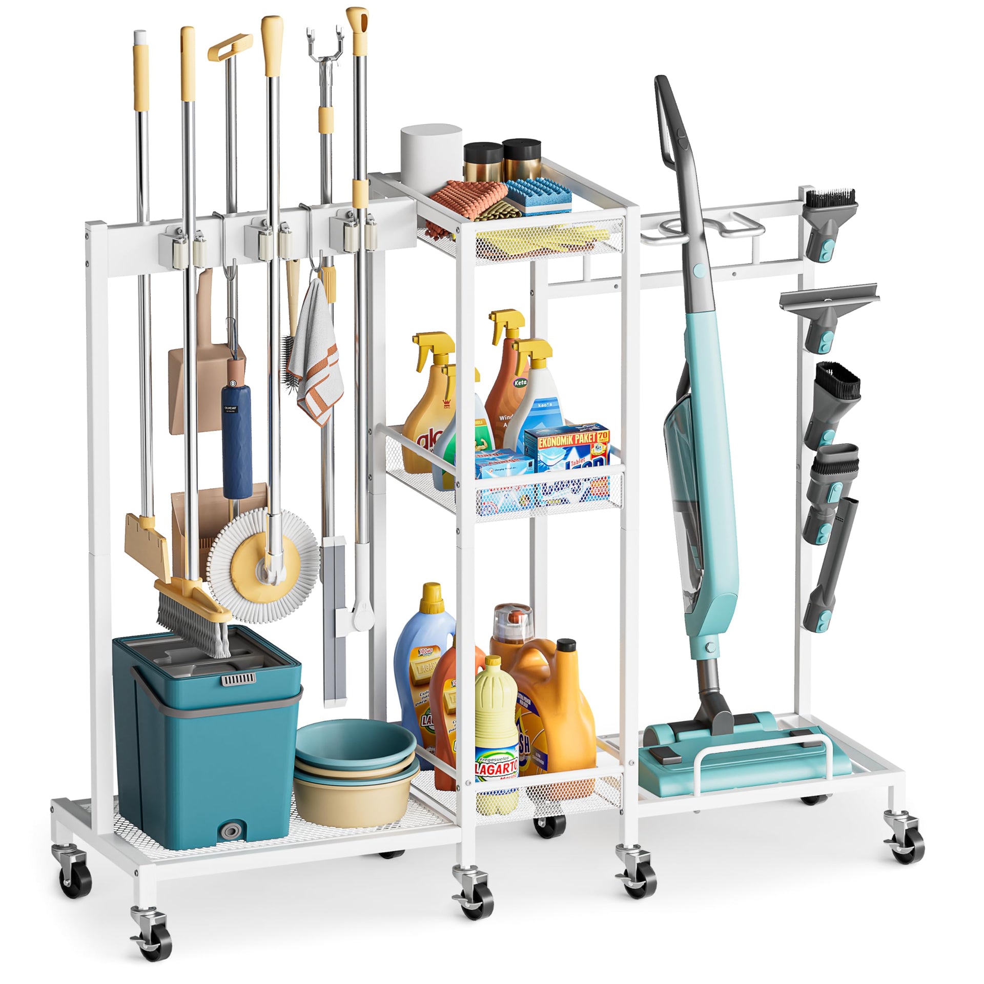 Broom Holder with Cleaning Supplies Organizer