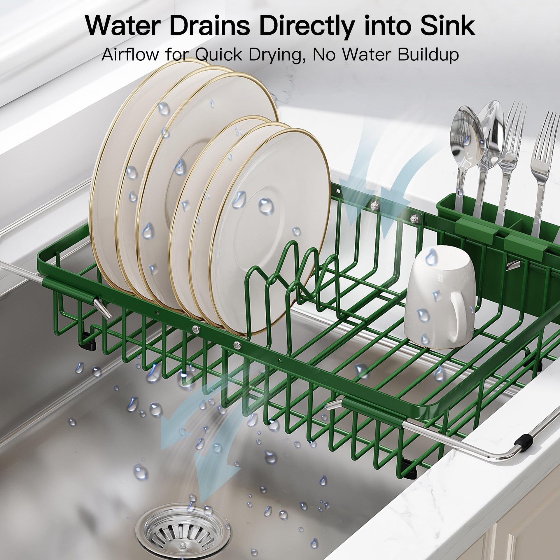 Green Dish Drying Rack Over the Sink with Utensil Holder