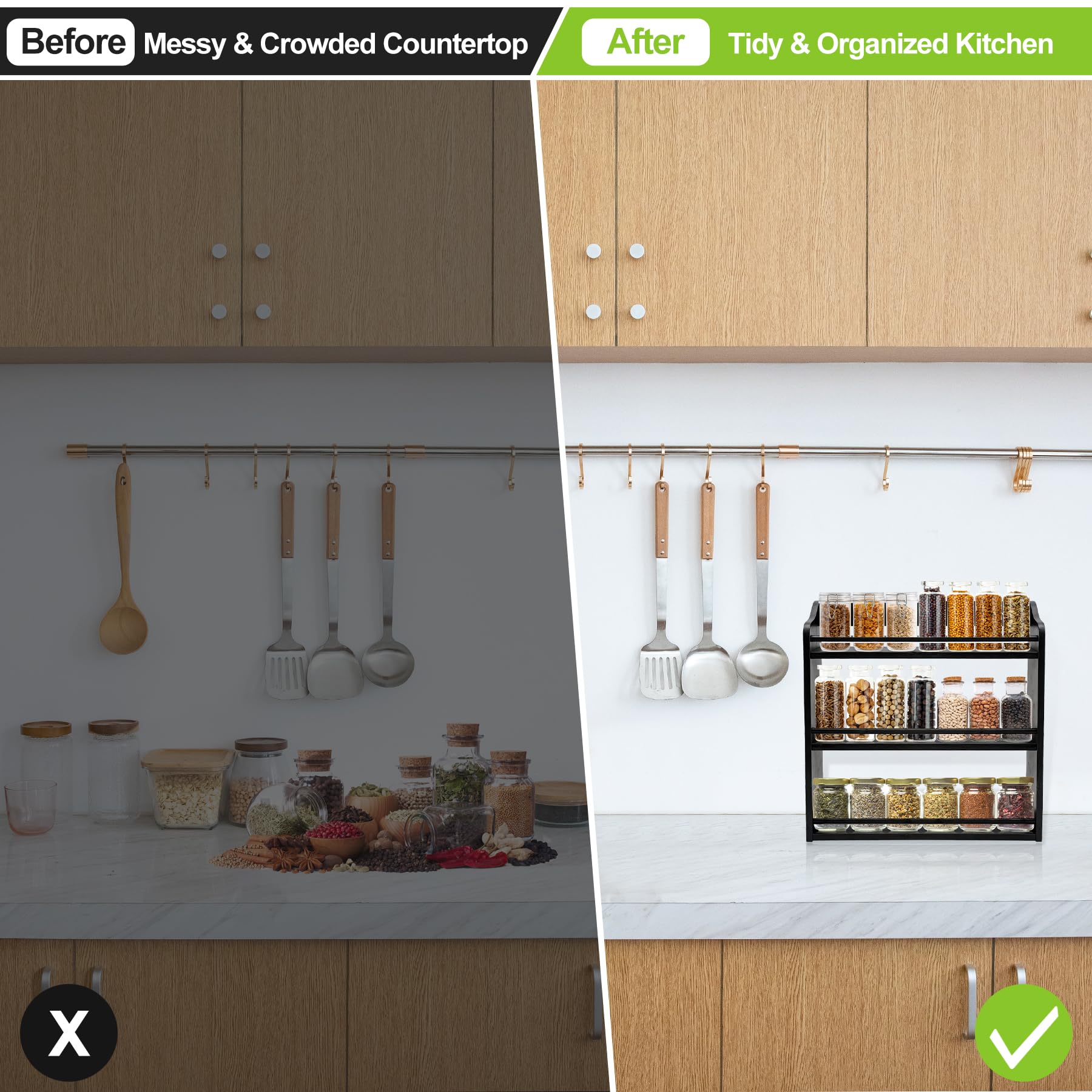 3 Tier Bamboo Spice Rack Wall Mount or Countertop