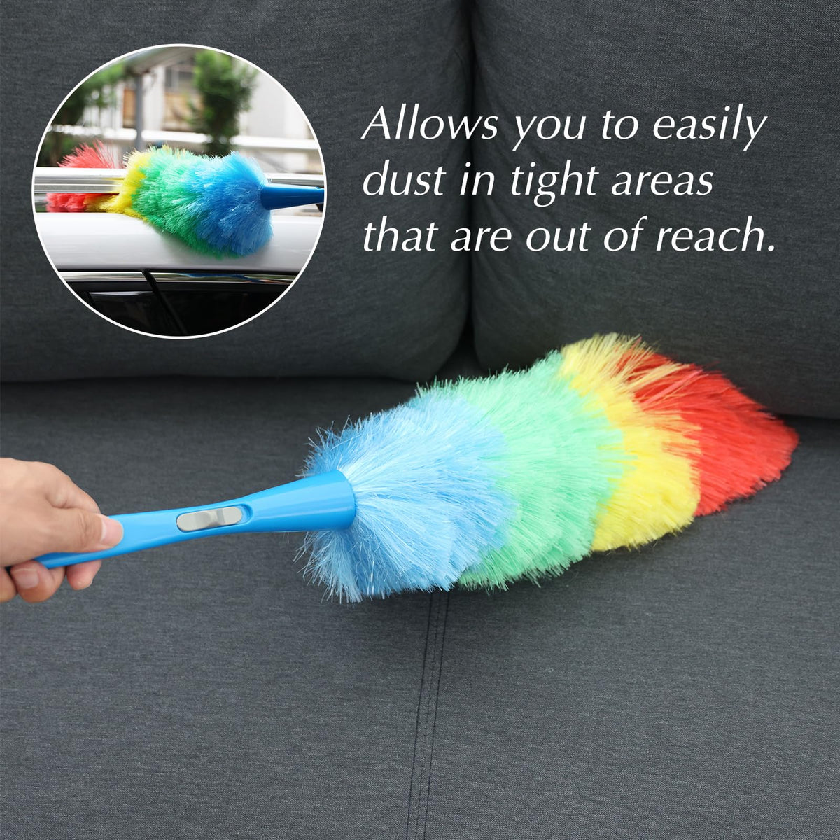 Rainbow Static Duster 24inch Reusable Microfiber Electrostatic Dusters with 2 Beandable and Washable Duster Head for Cleaning Home
