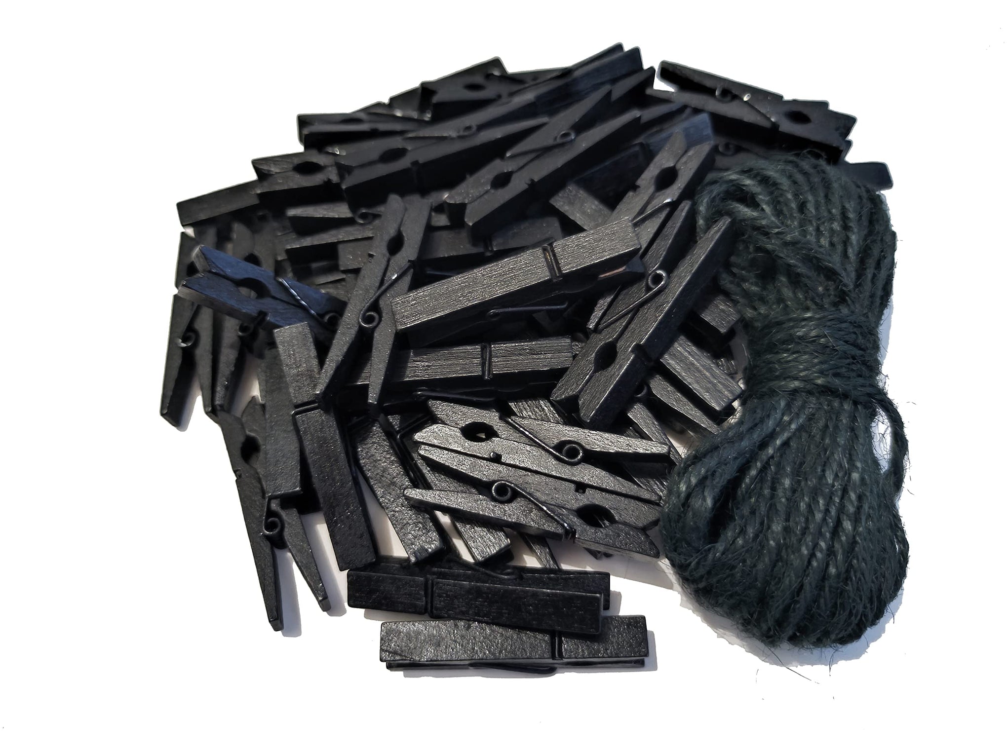 1.9 Inch Black Wooden Clothespins for Pictures Halloween Diy Art Crafts Clothesline Clips Laundry with Jute Twine Pack 50 (50 Count)