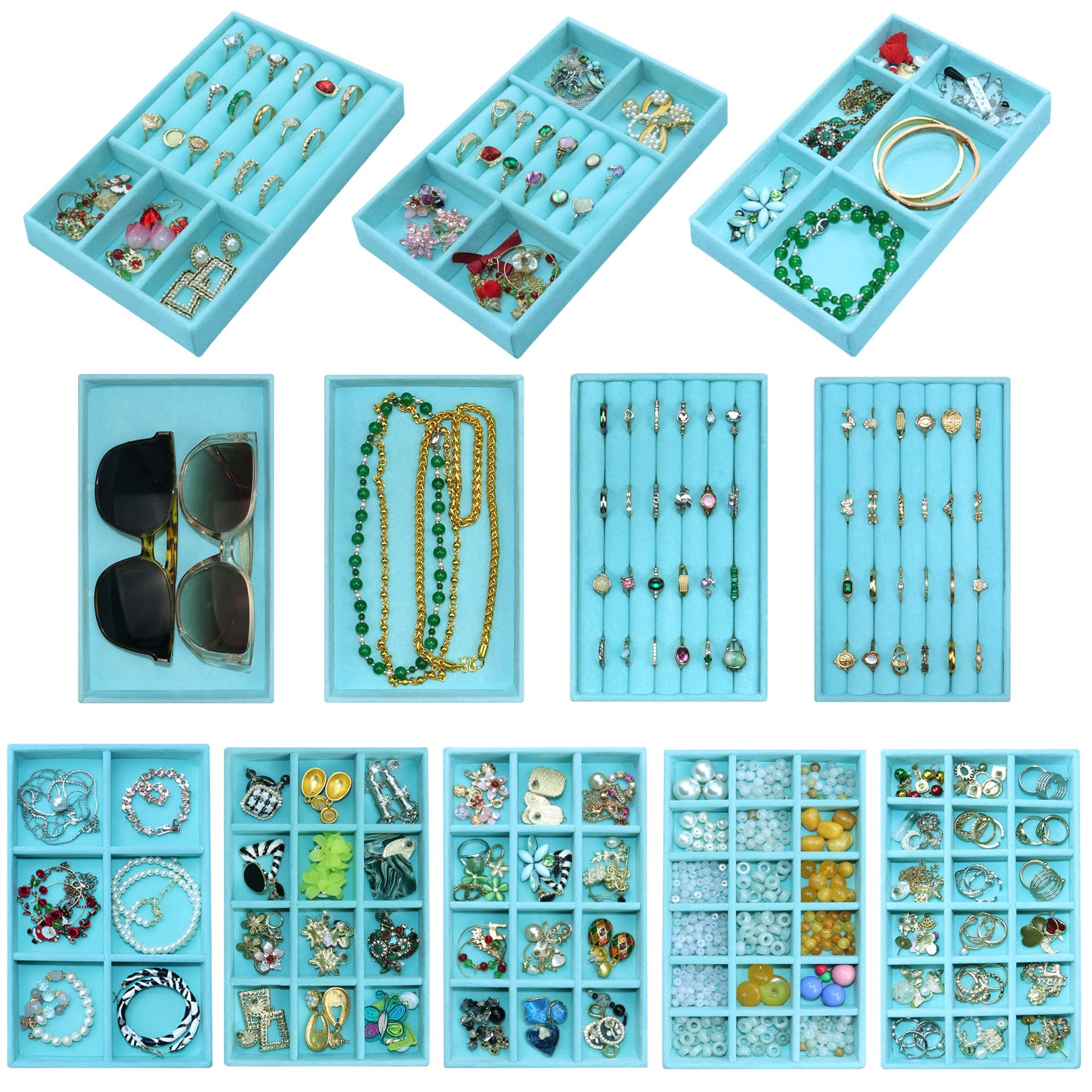12 Pcs Jewelry Organizer Tray Stackable Velvet Jewelry Tray Earrings Display Case Necklace Earring Box Storage Drawer Bracelet Rings Accessories Trays (12 Count)