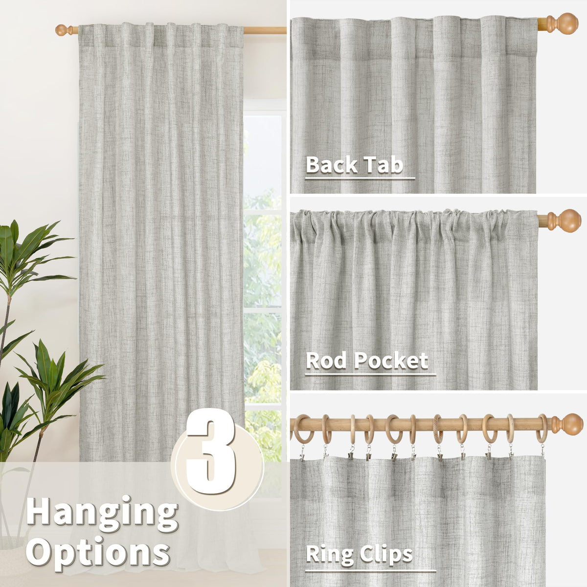Light Grey Linen Curtains 90 Inch Long for Living Room Rod Pocket Floor Length Window Drapes Light Filtering for Bedroom Dining Privacy (2 Count)