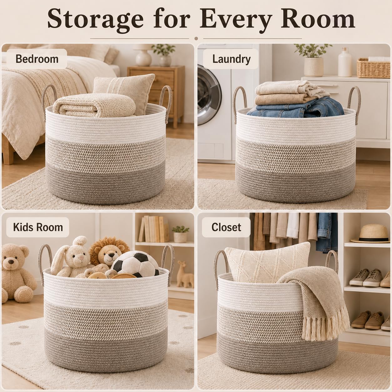 65L Extra Large Machine Washable Cotton Rope Blanket Basket