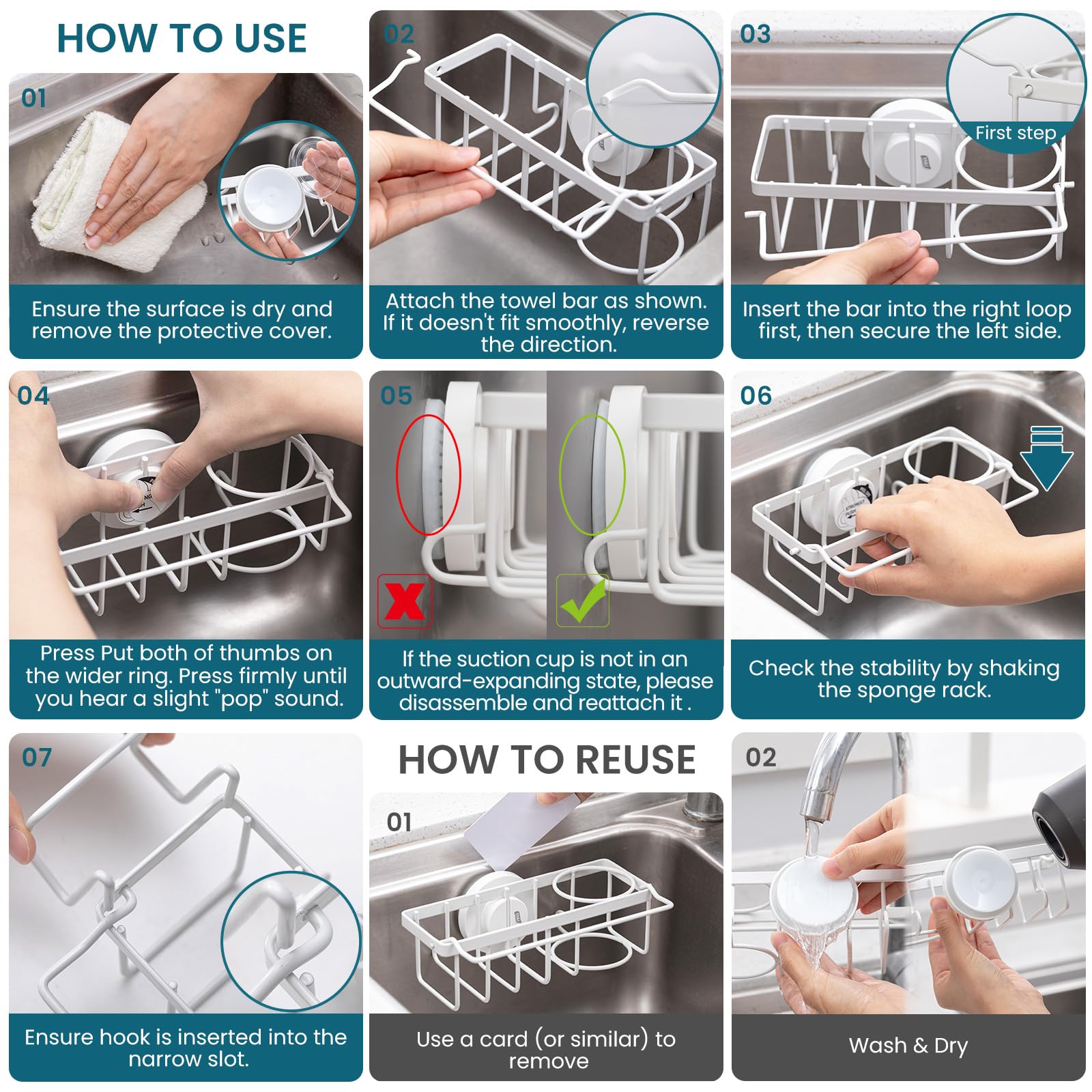 4-in-1 Sink Sponge Holder for Kitchen with Strong Suction Cup-White