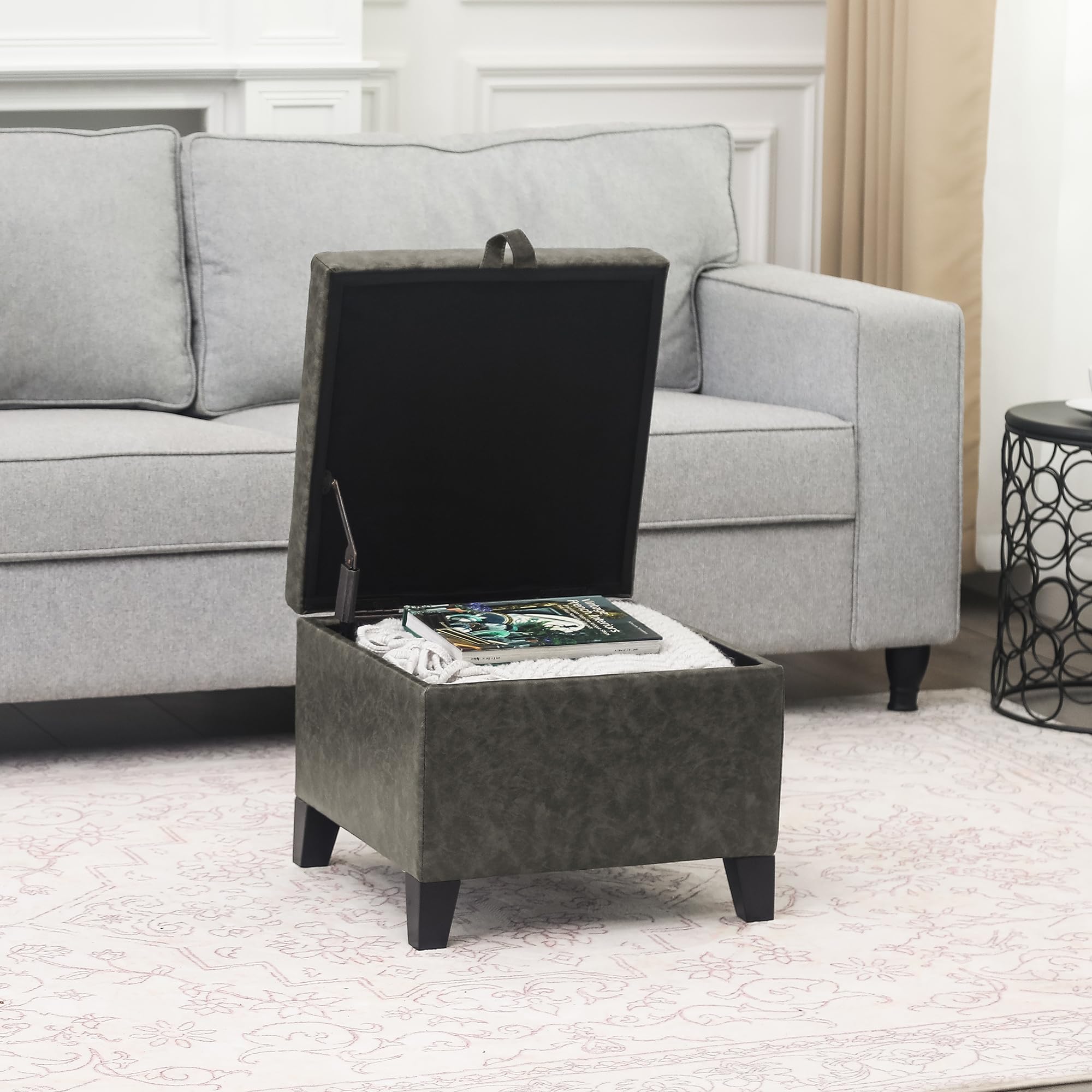 15.2" Square Faux Leather Storage Ottoman