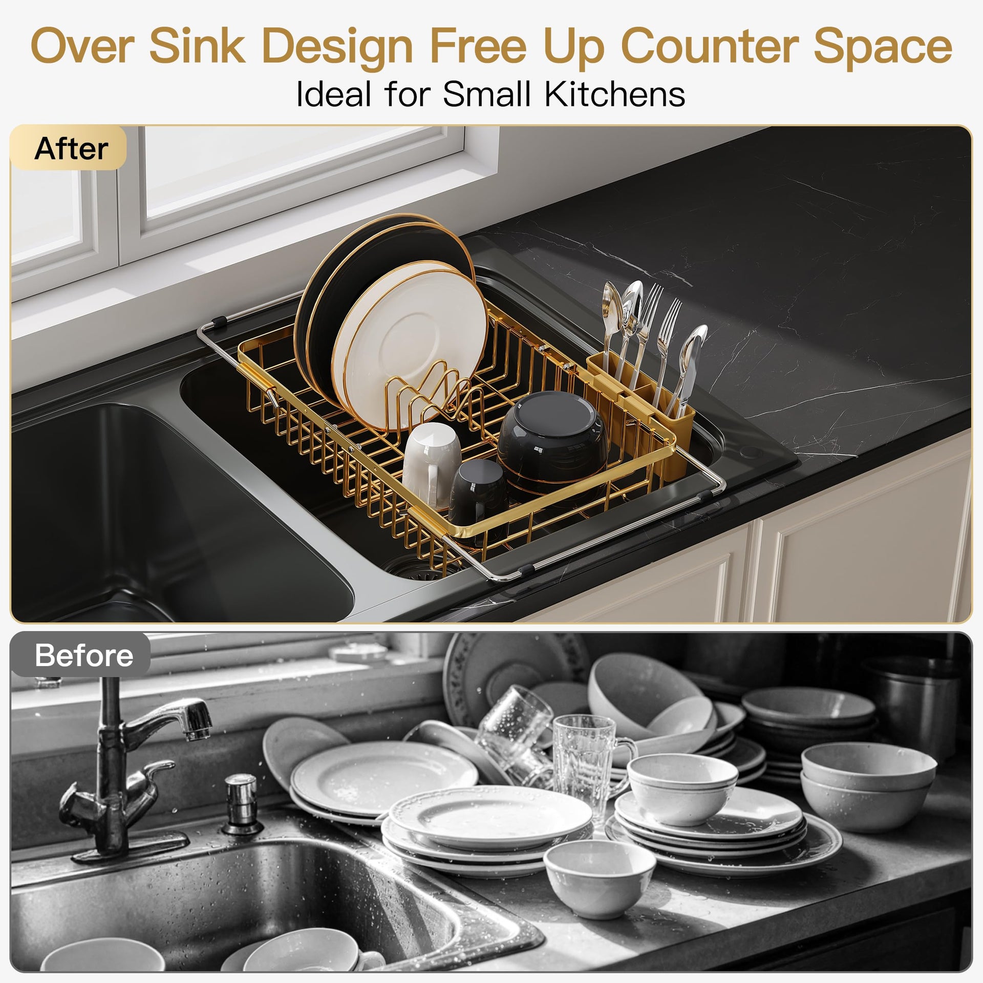 Gold Dish Drying Rack Over the Sink with Utensil Holder