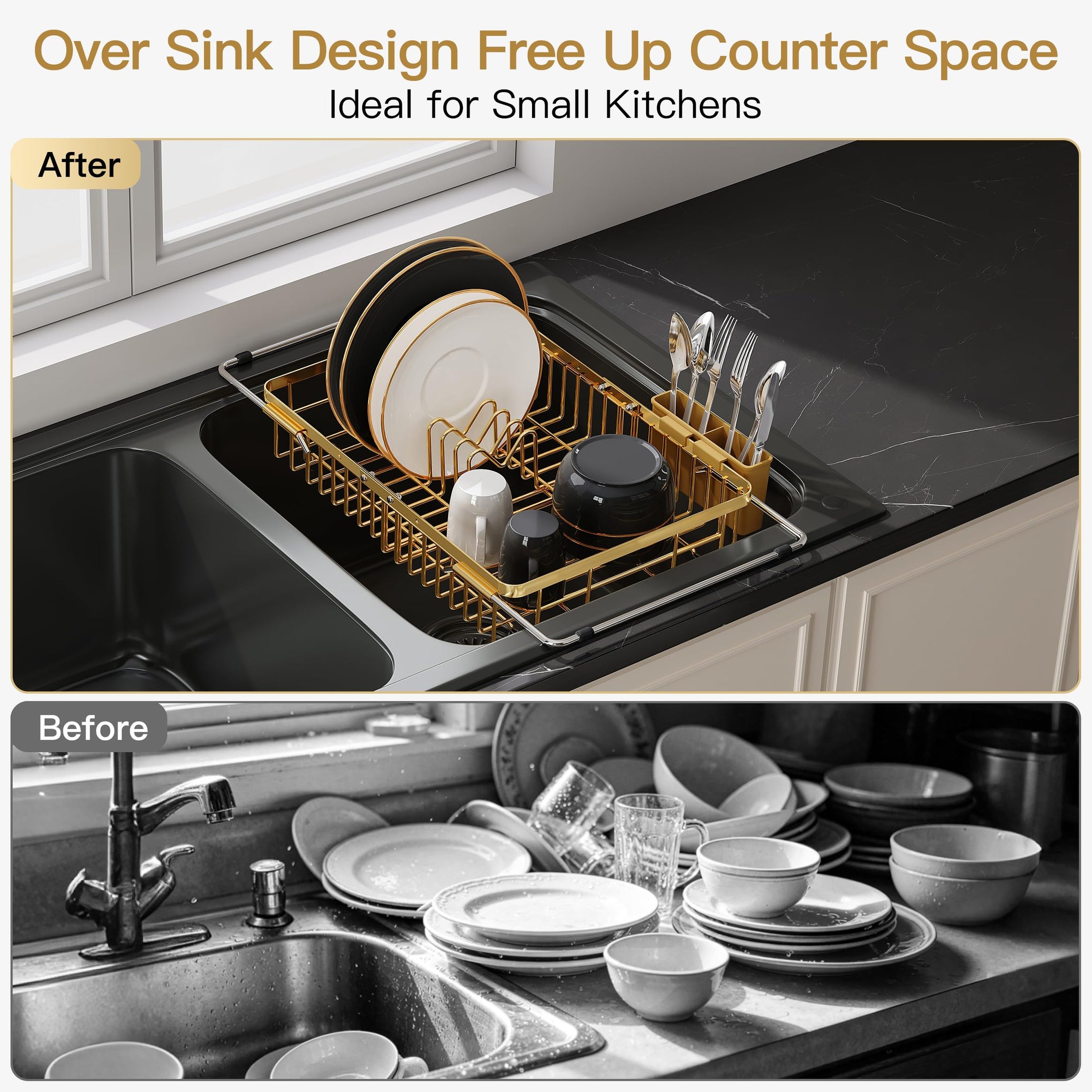 Gold Dish Drying Rack Over the Sink with Utensil Holder