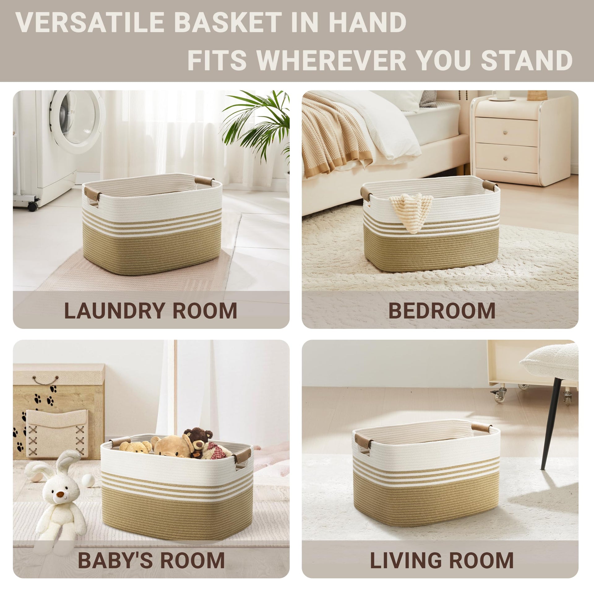 45L Small Woven Laundry Basket Hamper with Leather Handles - ModHome Supplies