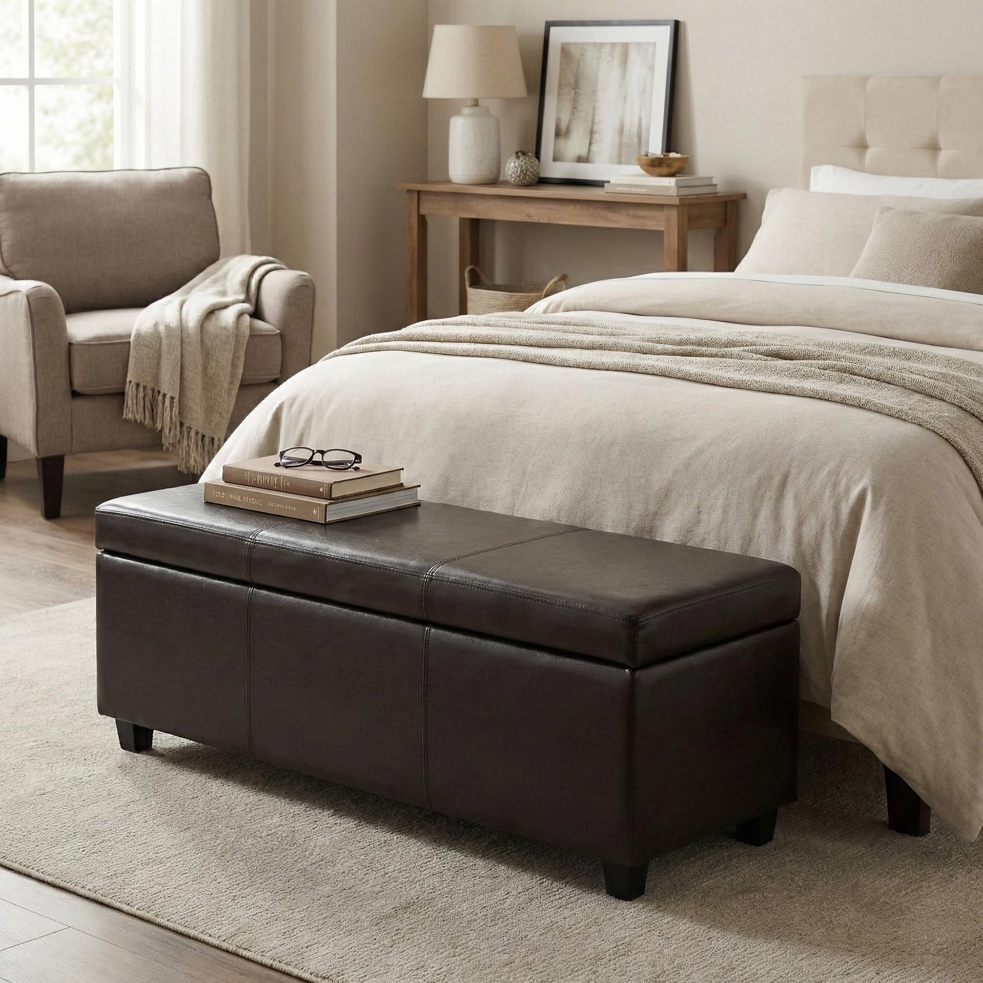 Avalon 48" Wide Vegan Leather Storage Ottoman in Tanners Brown