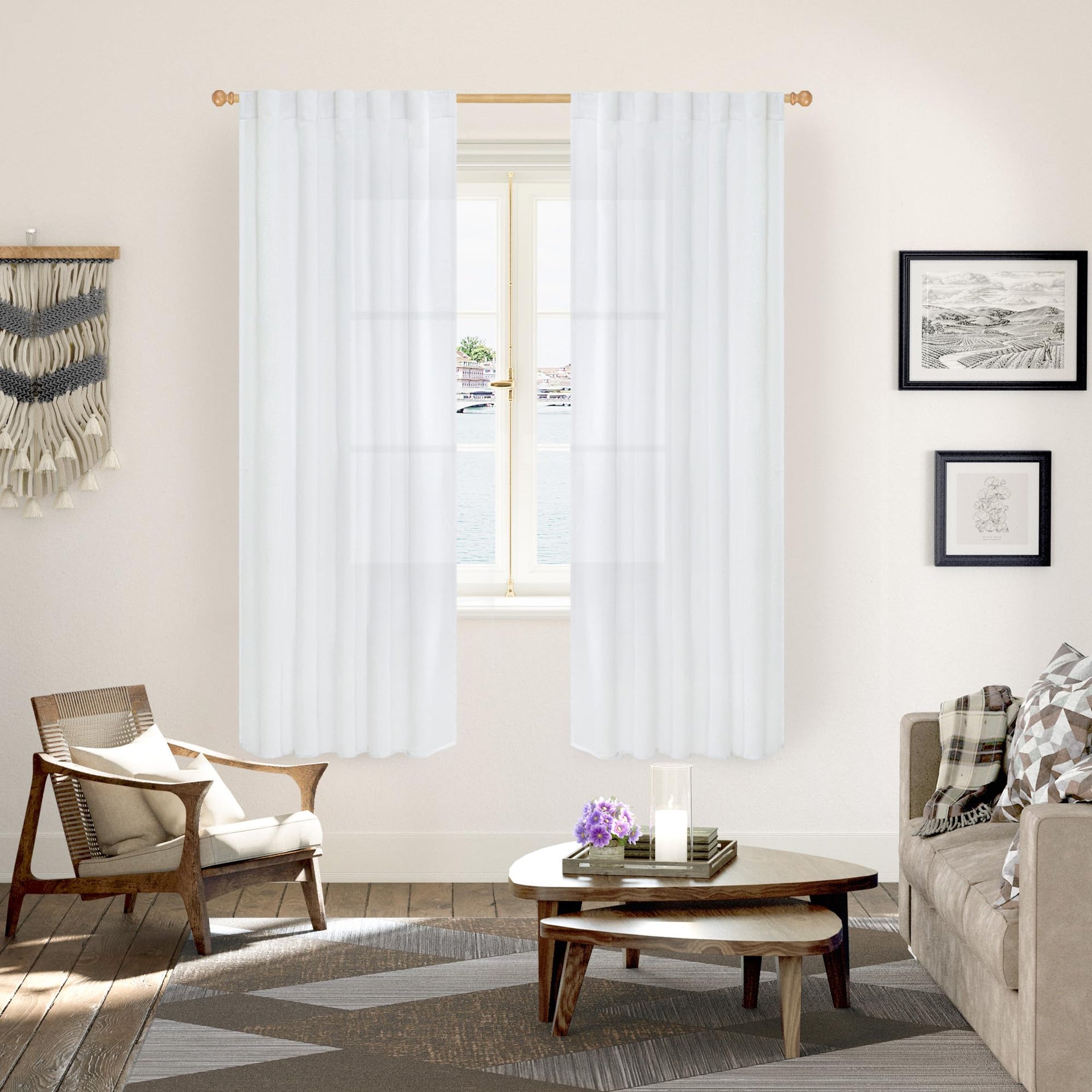 White Linen Semi Sheer Curtains 72 Inch Length 2 Panels for Living Room (2 Count)