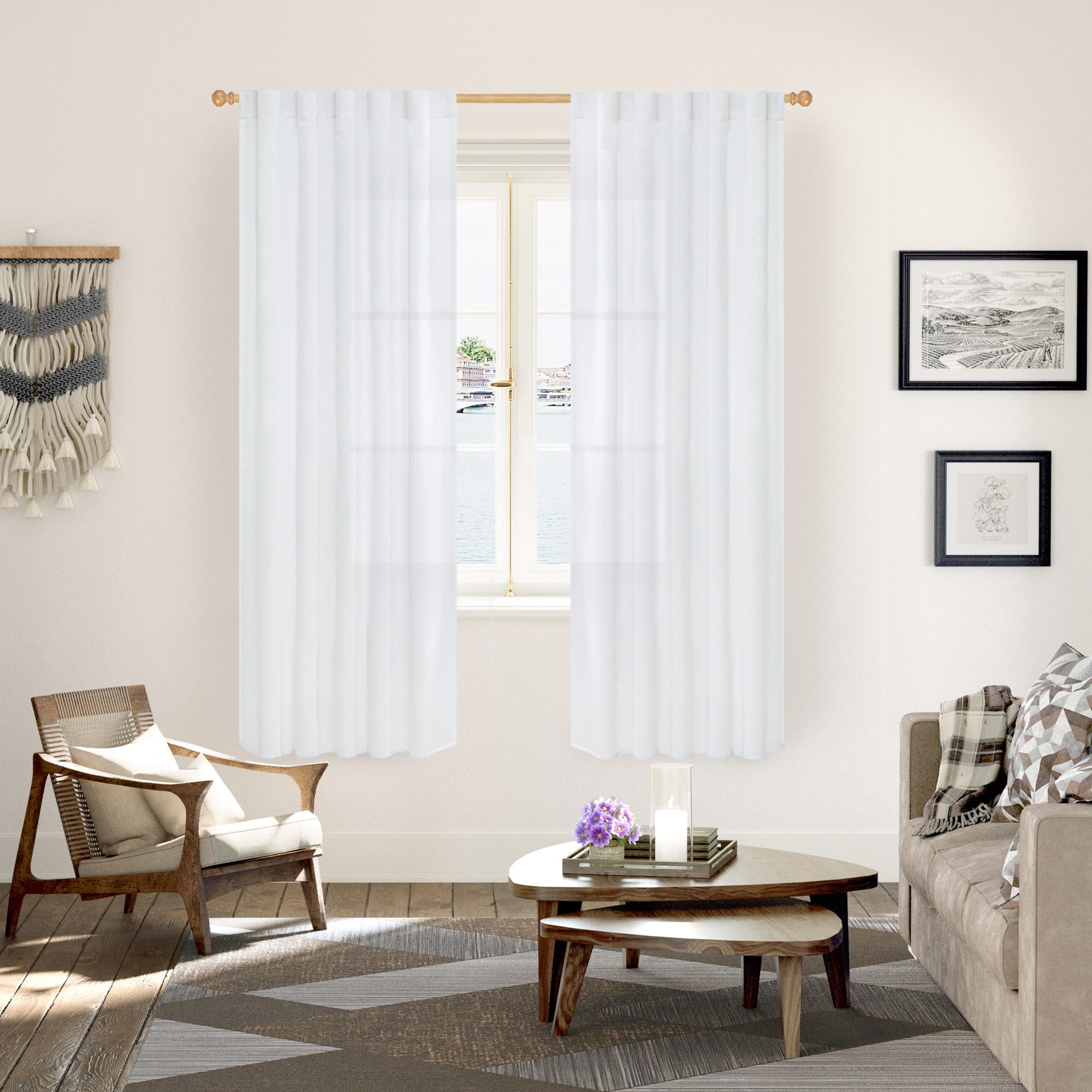 White Linen Semi Sheer Curtains 72 Inch Length 2 Panels for Living Room (2 Count)