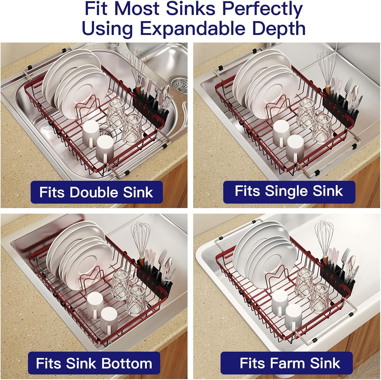 Red Dish Drying Rack Over The Sink with Utensil Holder
