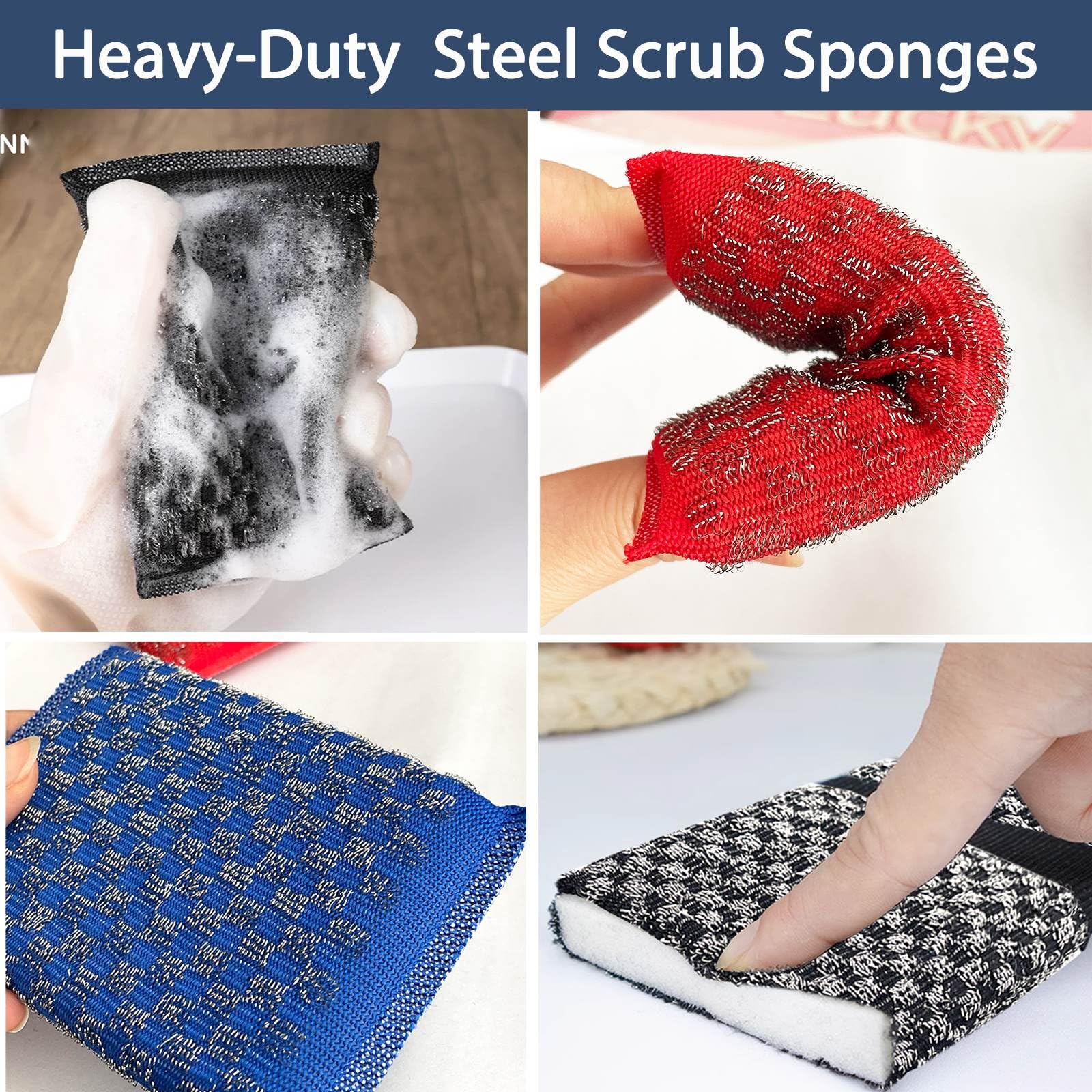 Steel Wool Scrubbers Dish Sponges Kitchen Scrubbing Pads Pot Scrubber for Kitchen Non Scratch (6 Count)