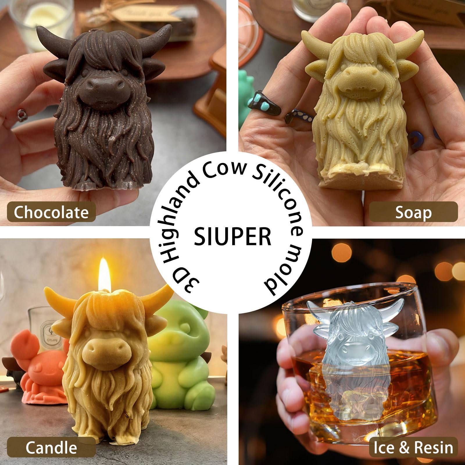 3D Highland Cow Ice Cube Silicone Molds Tray for Whiskey (2 Count)