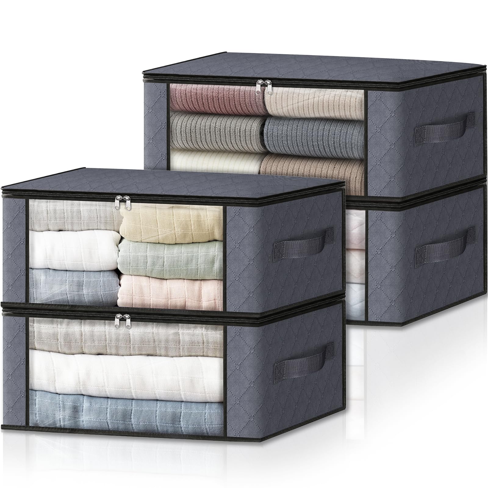 Storage 4 Pack Clothes Organizer Storage Bags Foldable Storage Box with Large Clear Window Sturdy Handles for Closet (4 Count)
