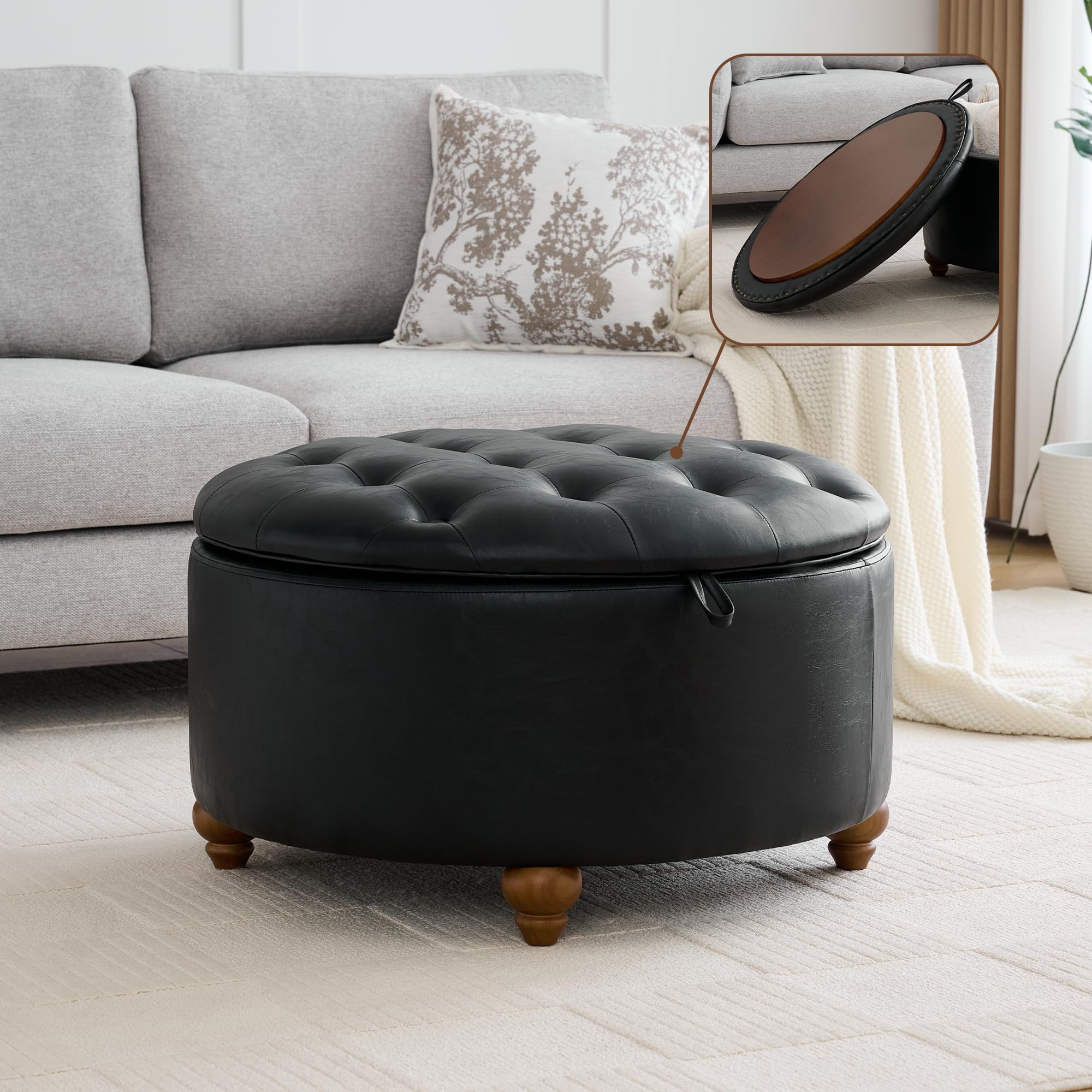 30Inch Round Storage Ottoman with Tray