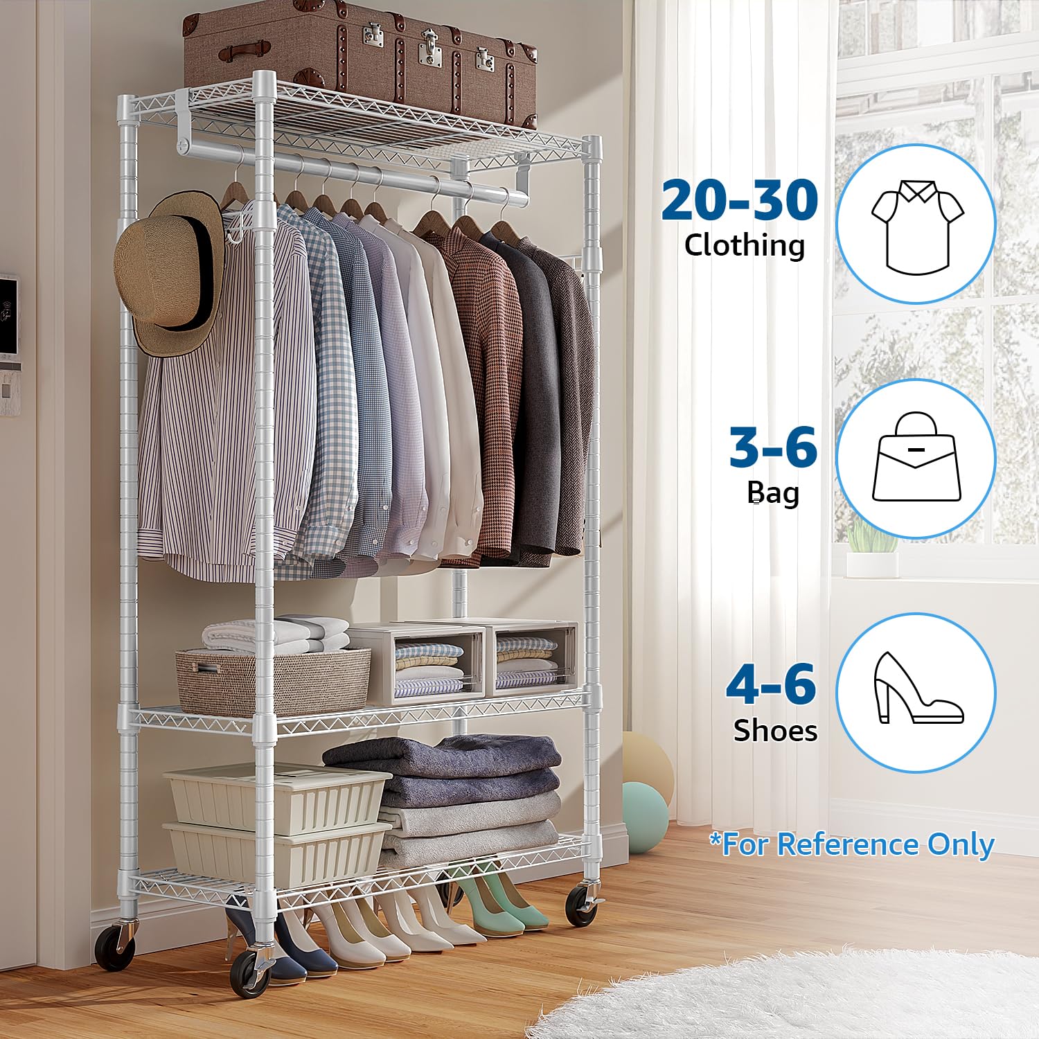 Heavy Duty Rolling Garment Rack 3 Tiers Adjustable Wire Shelving Clothes Rack with Rods and Side Hooks