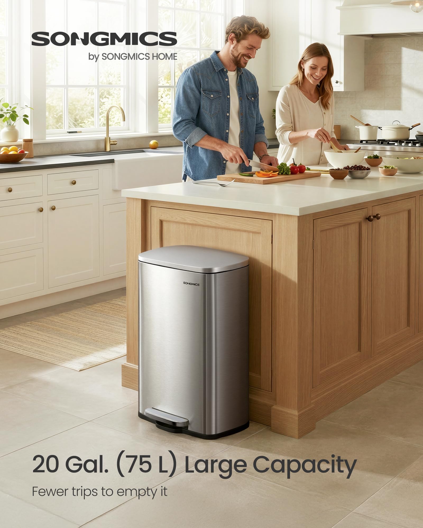 20-Gallon (75 L) Trash Can, Stainless Steel Kitchen Garbage Can, Recycling or Waste Bin, Soft Close, Step-On Pedal, Removable Inner Bucket, Silver ULTB075EZ01