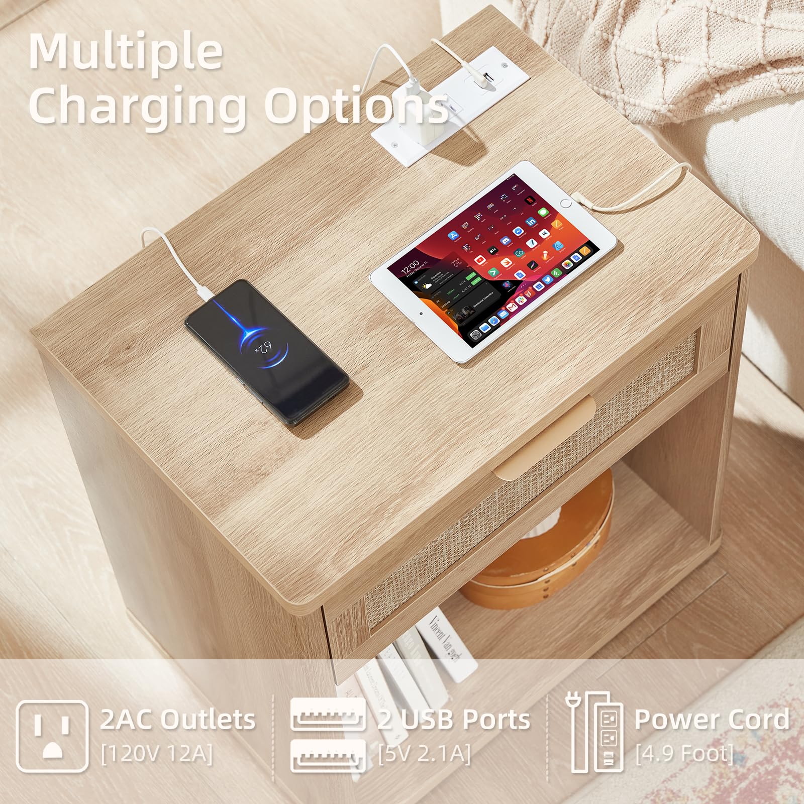 Rattan Nightstands Set of 2 with Charging Station (2 Count)